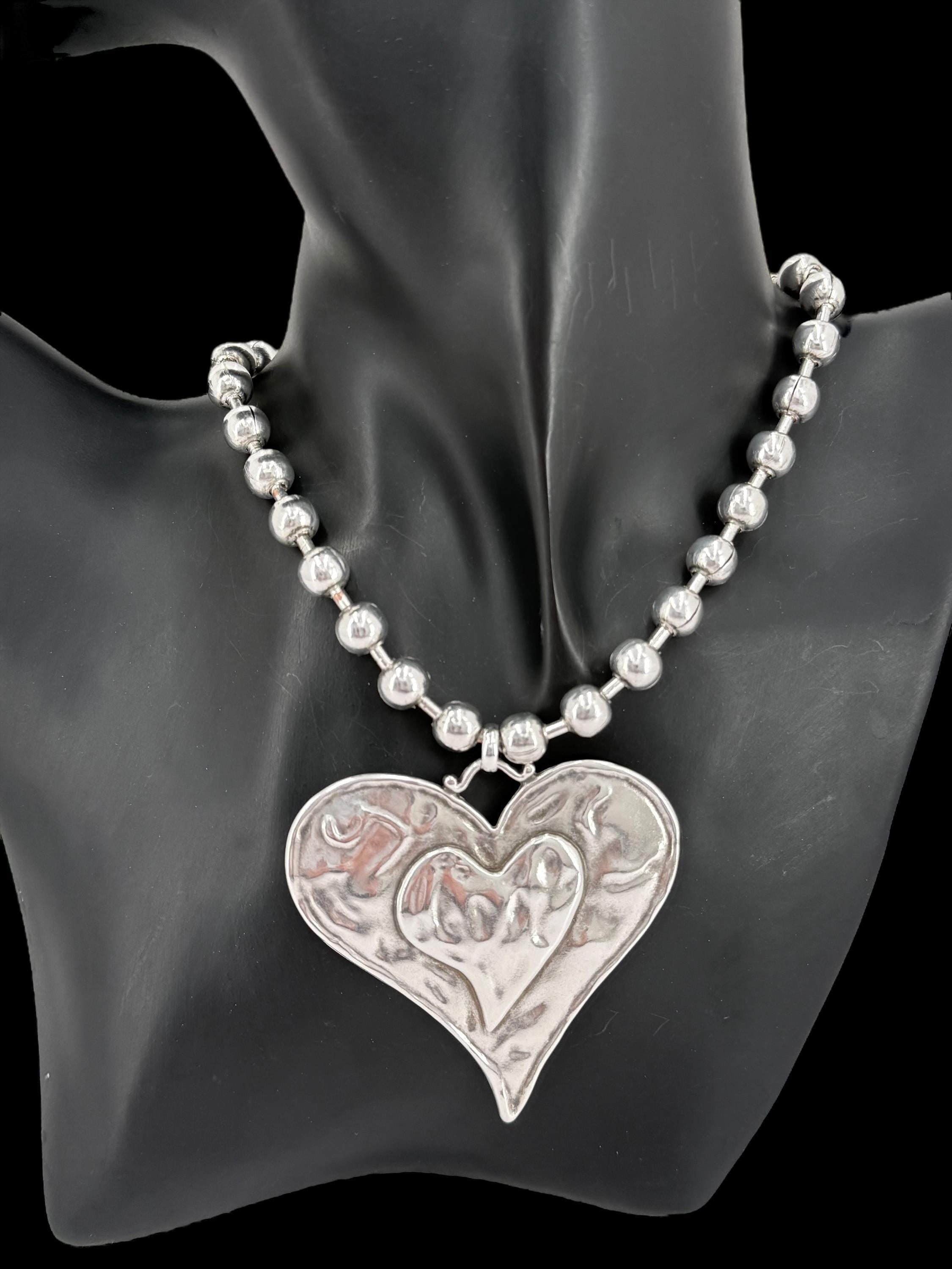 chunky balls silver chain necklace with statement big heart pendant, thick ball chain necklace, uno de 50 style, chunky silver necklace