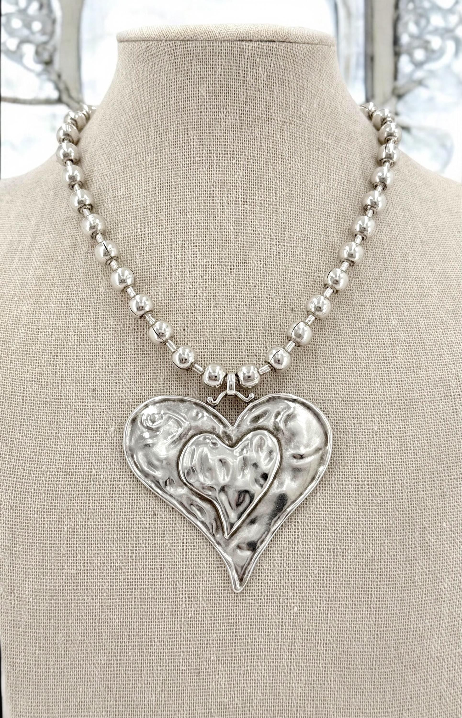 chunky balls silver chain necklace with statement big heart pendant, thick ball chain necklace, uno de 50 style, chunky silver necklace