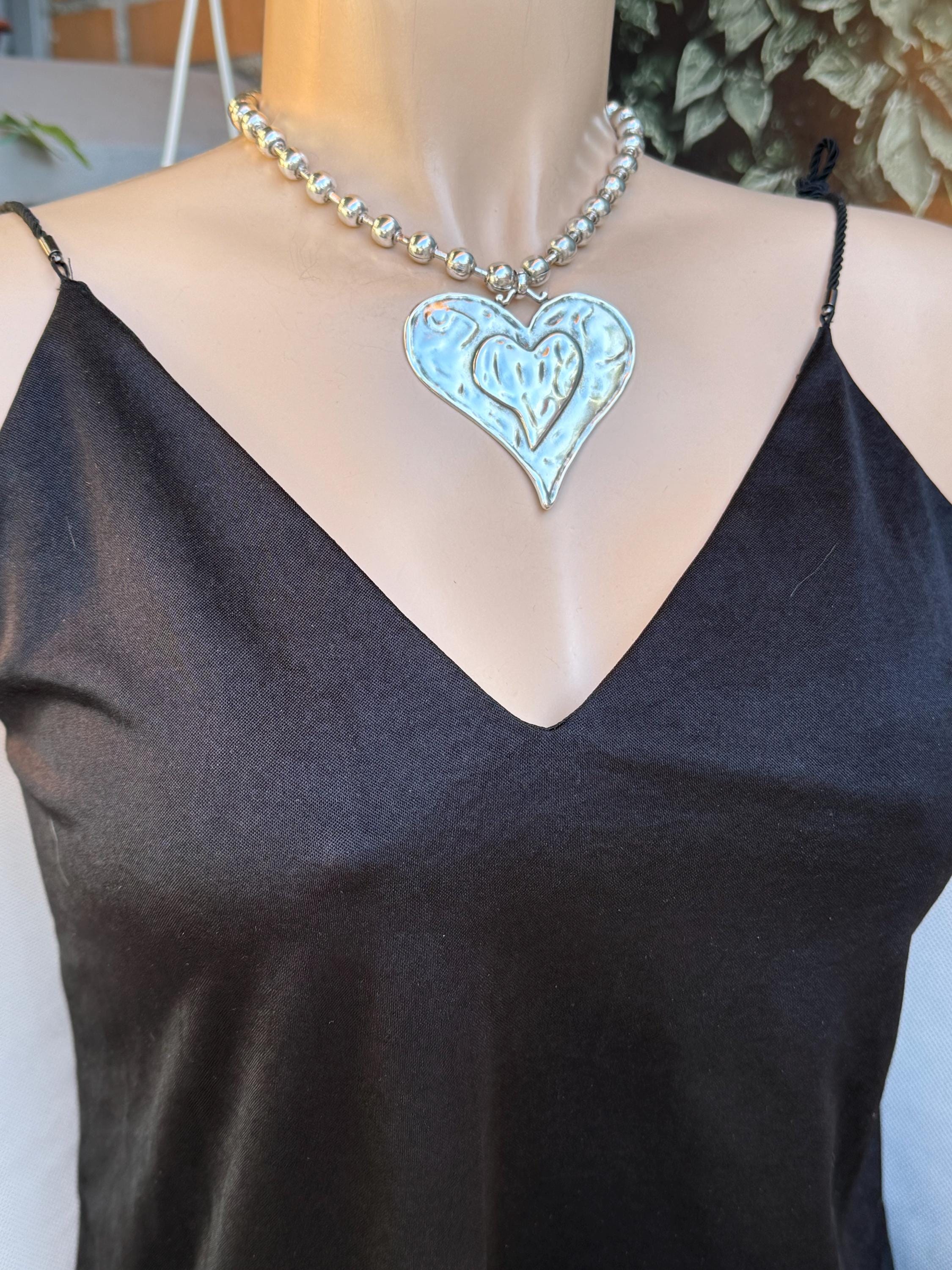 chunky balls silver chain necklace with statement big heart pendant, thick ball chain necklace, uno de 50 style, chunky silver necklace