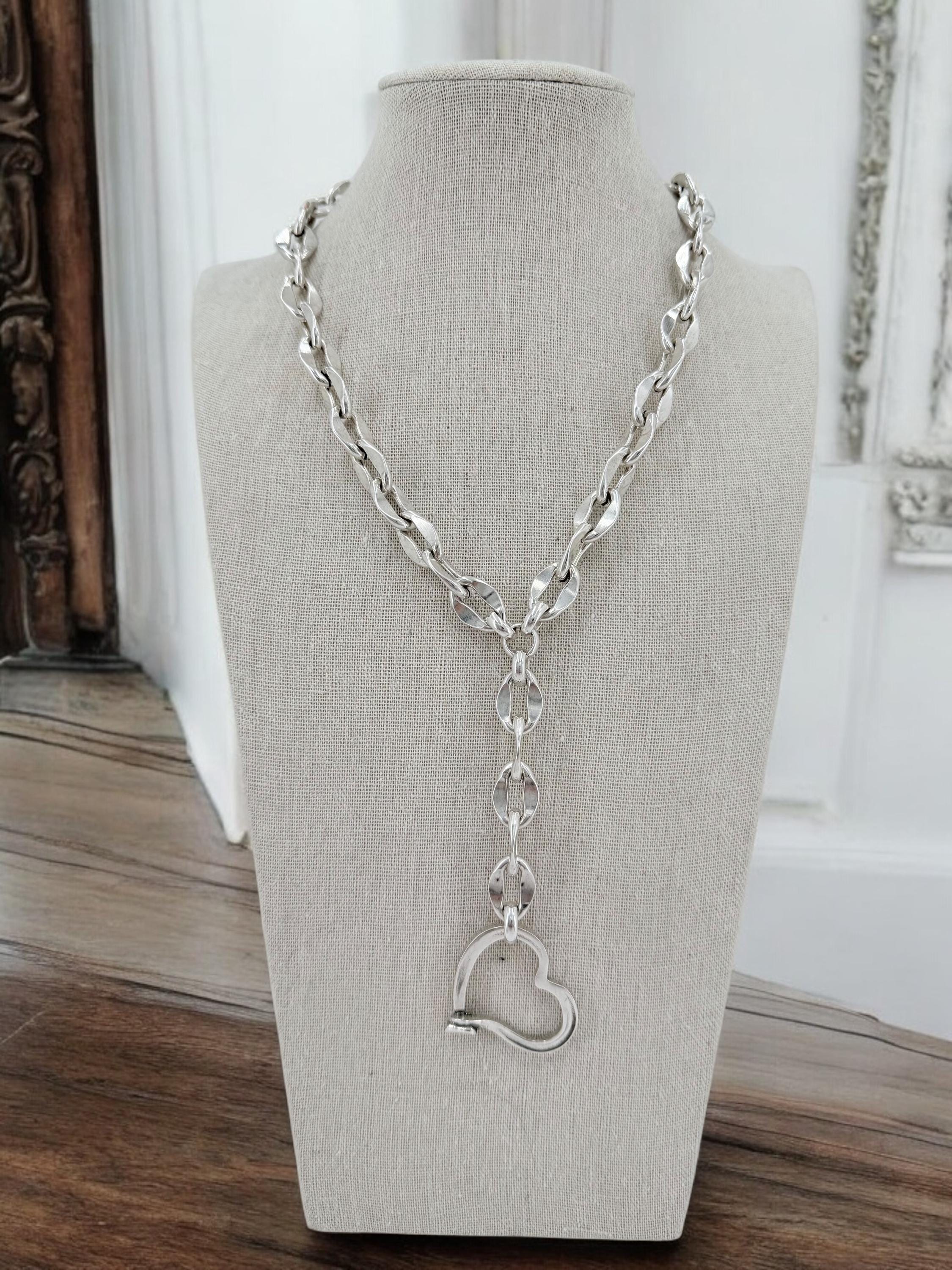 Chunky chain lariat big heart pendant necklace, Y silver bold chain necklace, bulky lariat necklace, uno de 50 style, statement pendant