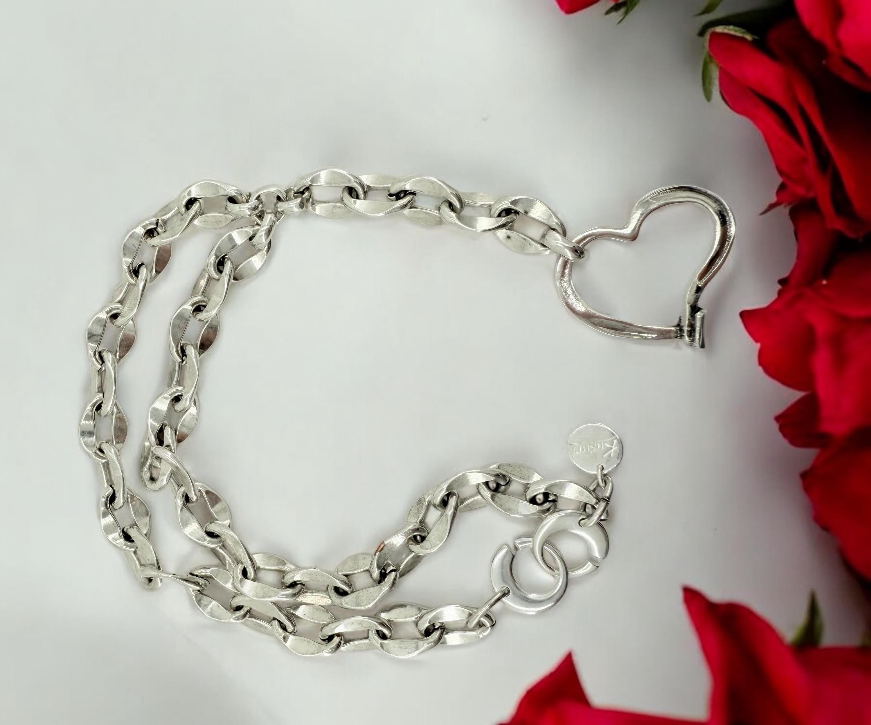 Chunky chain lariat big heart pendant necklace, Y silver bold chain necklace, bulky lariat necklace, uno de 50 style, statement pendant