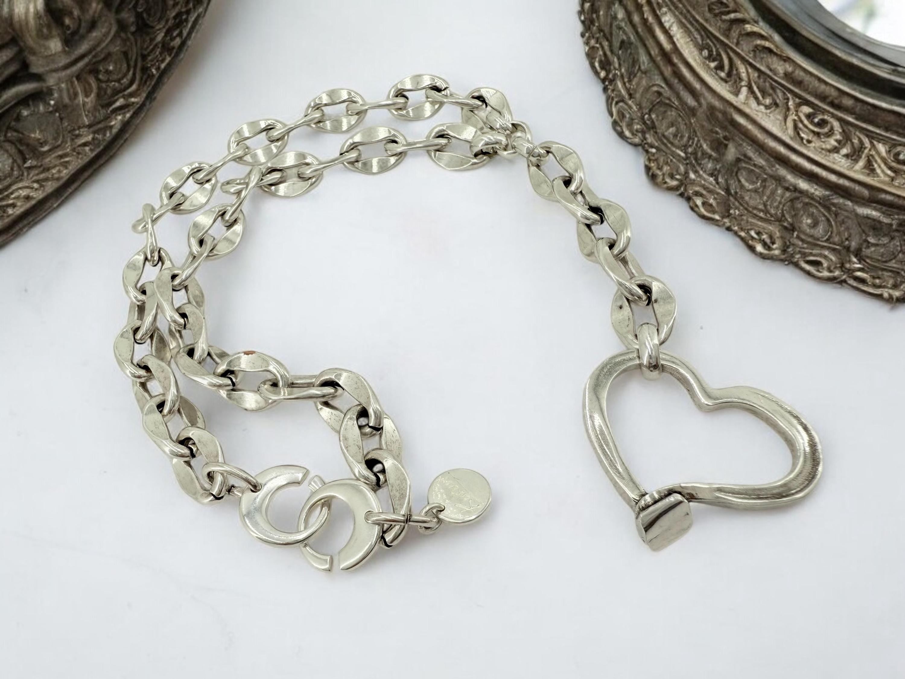 Chunky chain lariat big heart pendant necklace, Y silver bold chain necklace, bulky lariat necklace, uno de 50 style, statement pendant