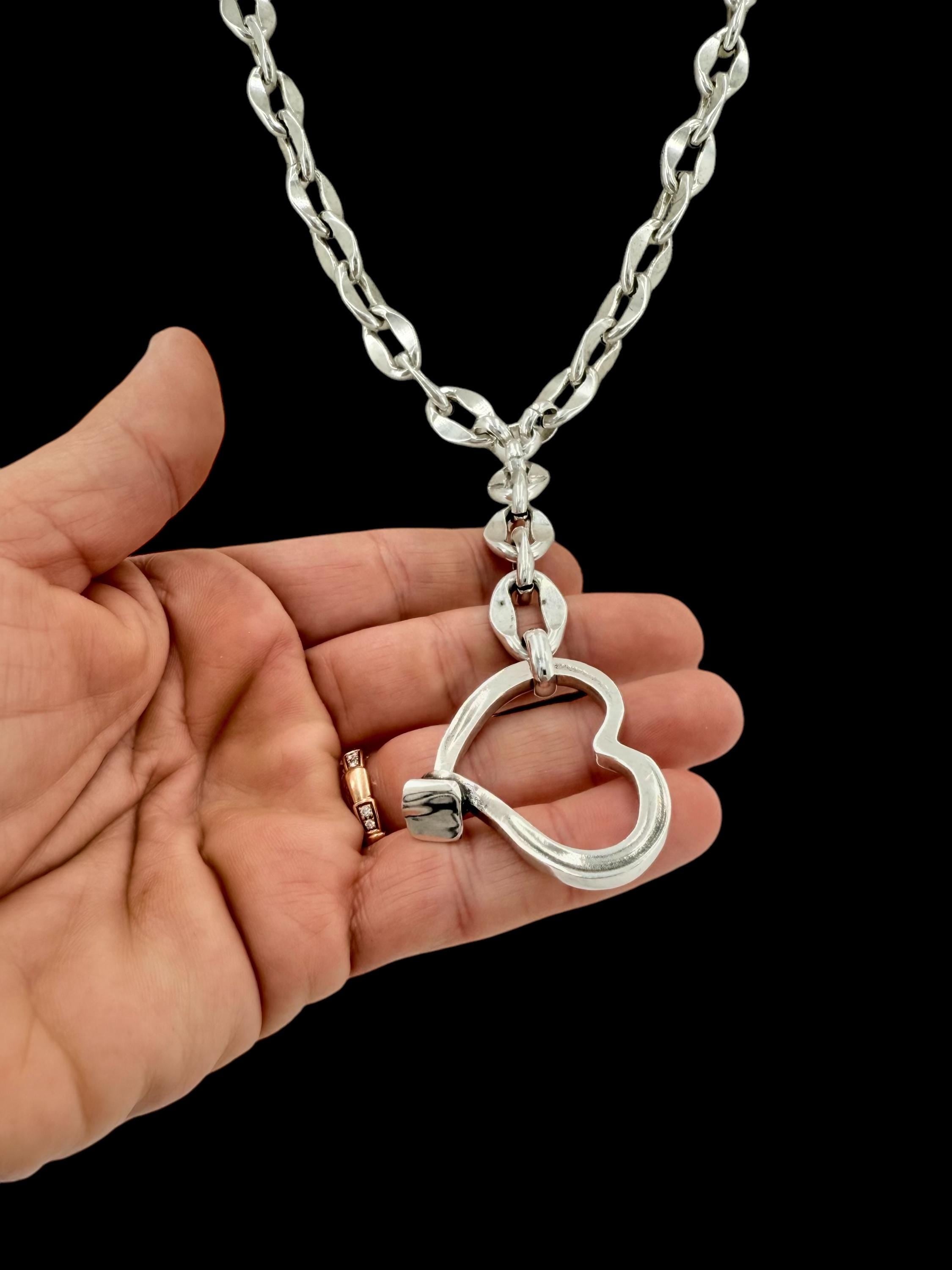 Chunky chain lariat big heart pendant necklace, Y silver bold chain necklace, bulky lariat necklace, uno de 50 style, statement pendant