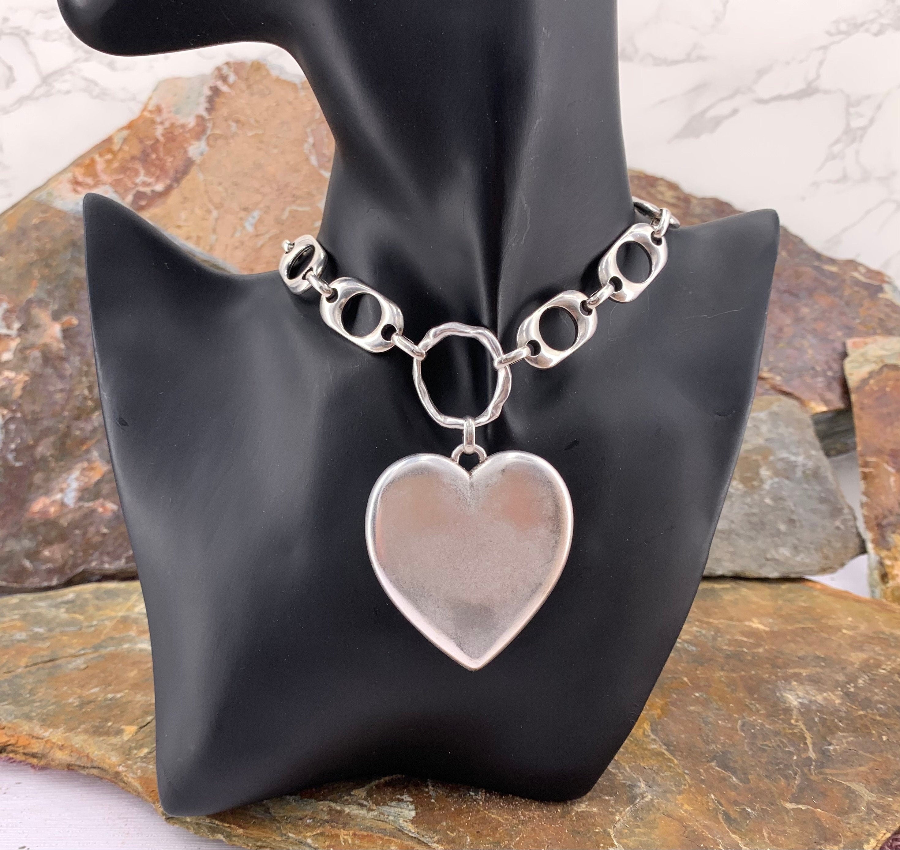 Heart pendant chunky silver chain choker, swarovski heart choker, bold chain choker,  statement silver choker, chunky link chain choker,