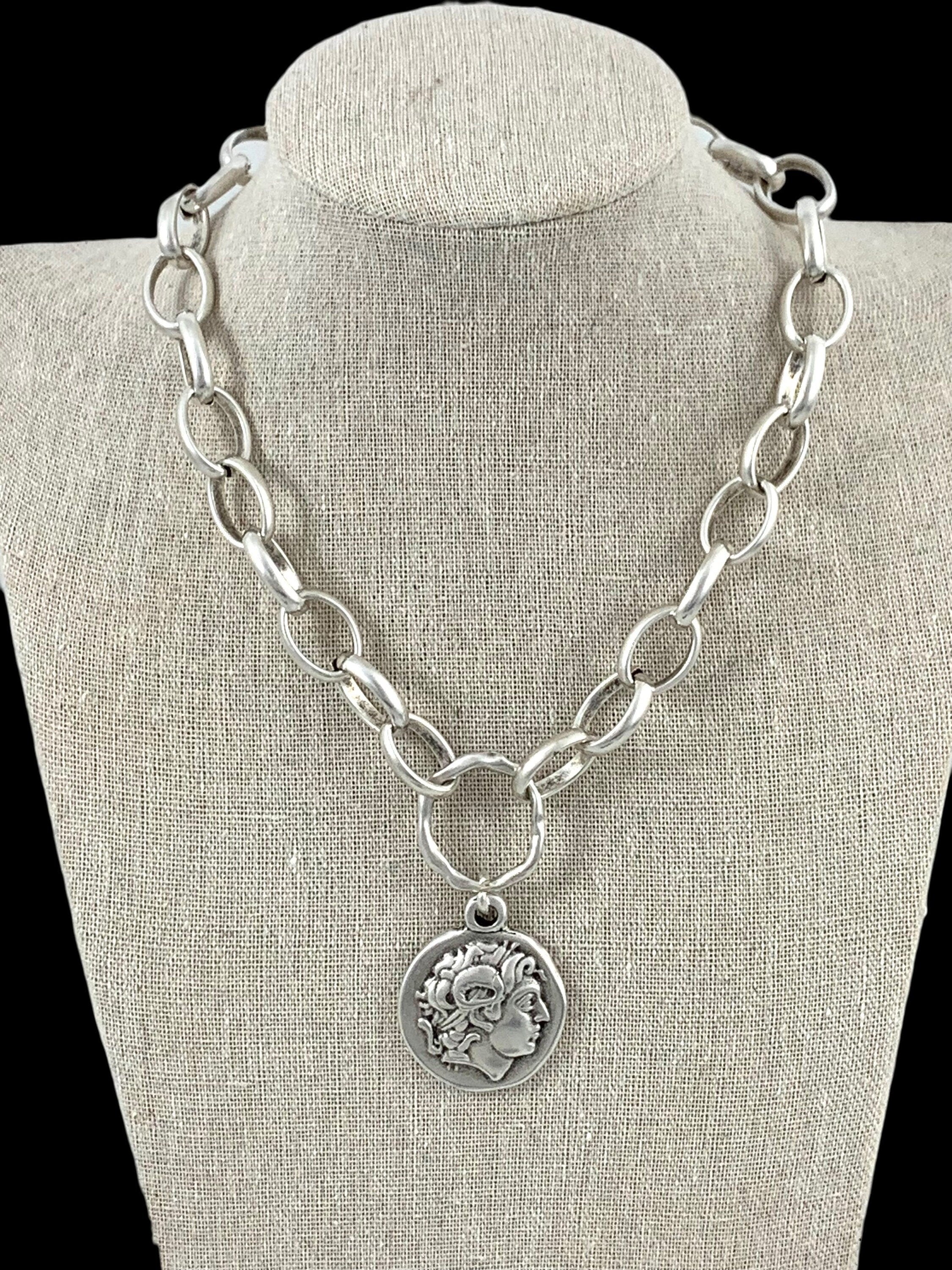 Silver chain chunky necklace with statement big Greek coin pendant, bold silver big link chain necklace, spectacular women gift