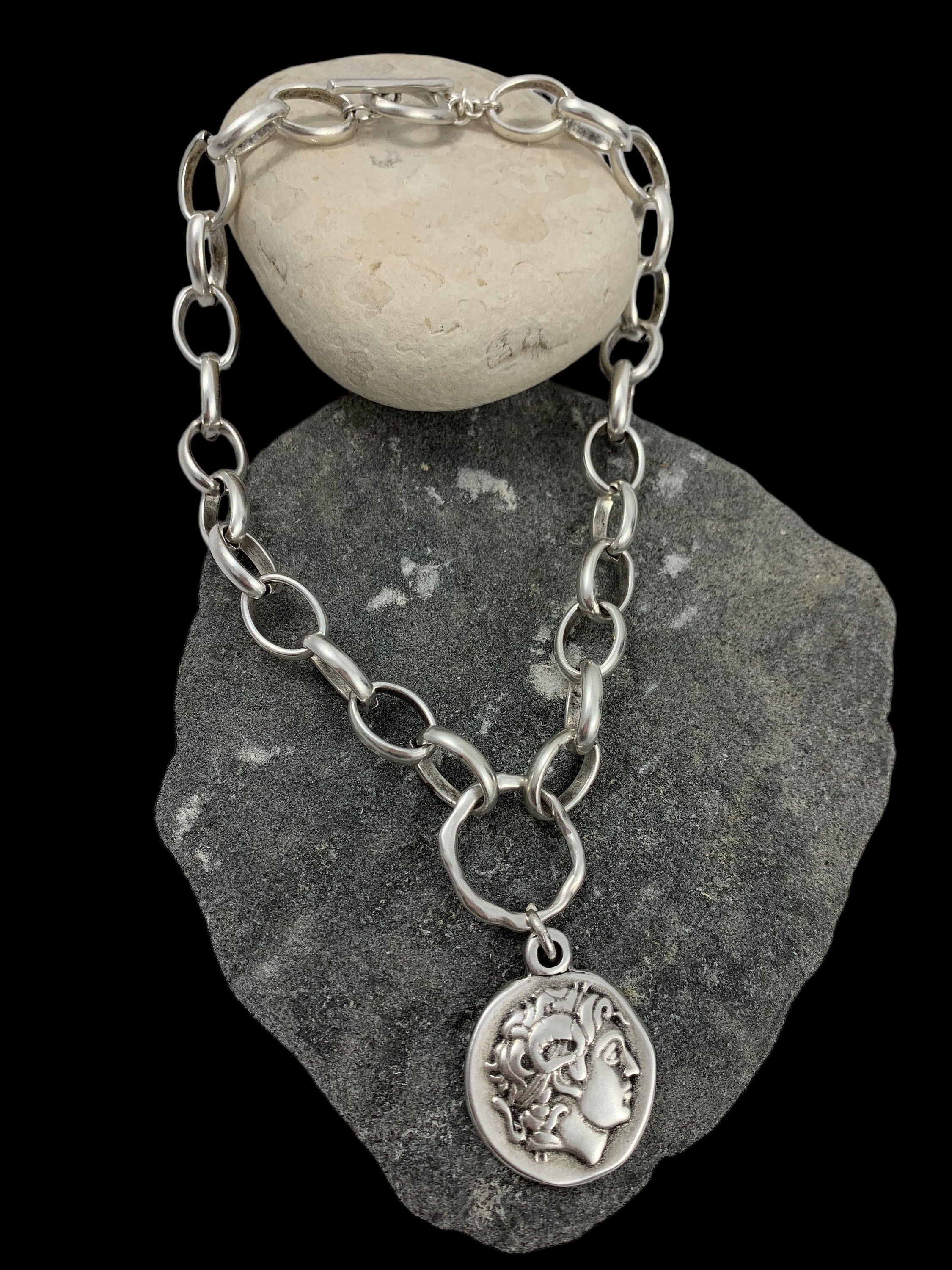 Silver chain chunky necklace with statement big Greek coin pendant, bold silver big link chain necklace, spectacular women gift