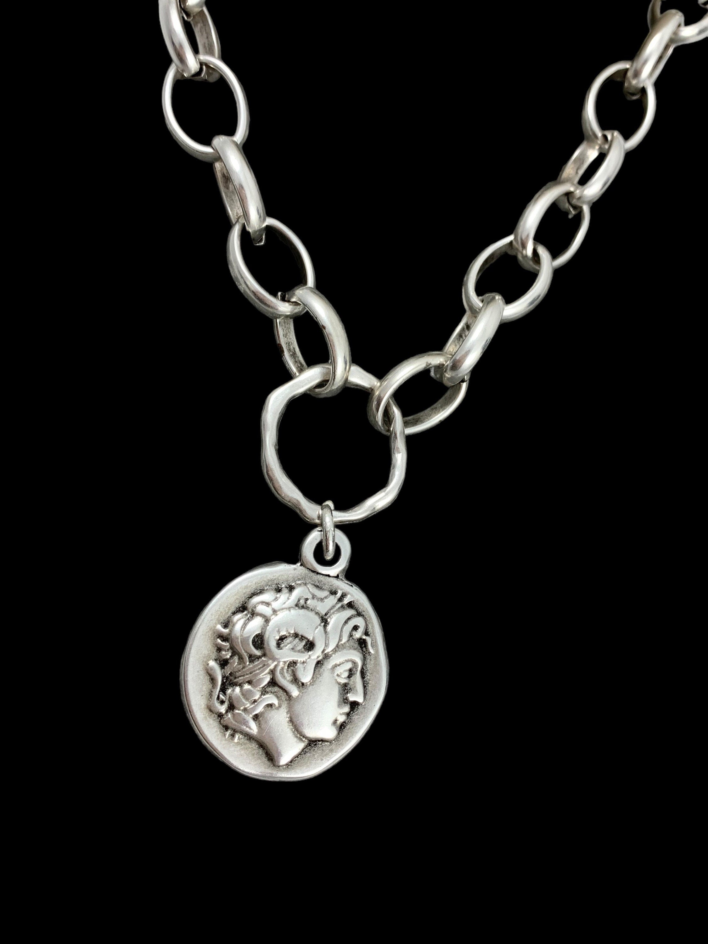 Silver chain chunky necklace with statement big Greek coin pendant, bold silver big link chain necklace, spectacular women gift