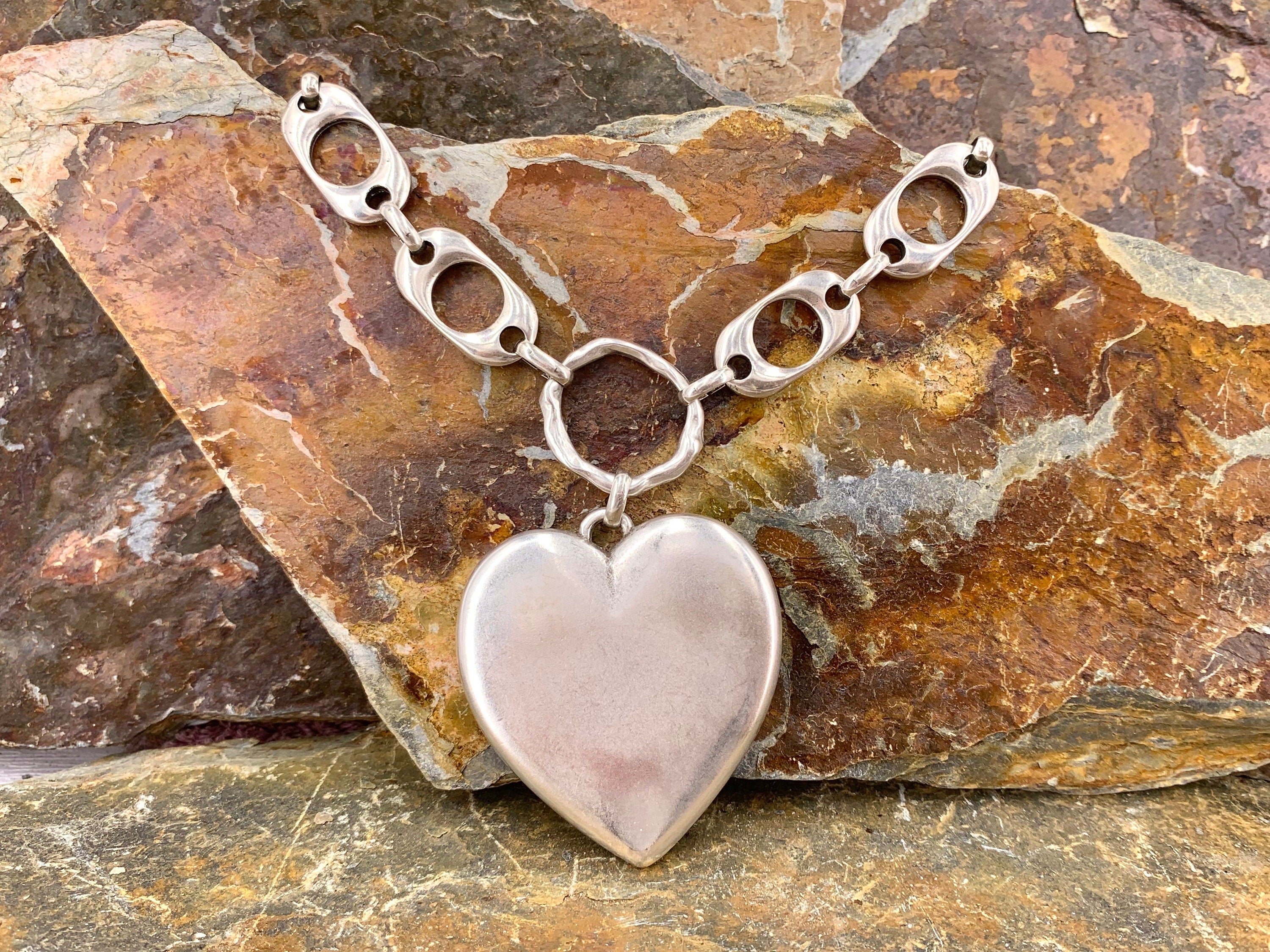 Heart pendant chunky silver chain choker, swarovski heart choker, bold chain choker,  statement silver choker, chunky link chain choker,