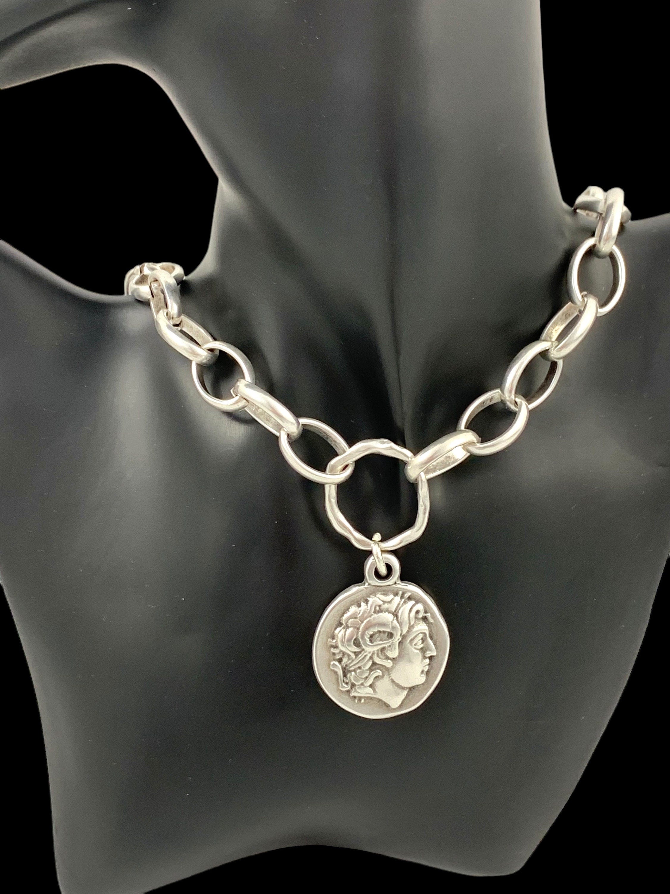 Silver chain chunky necklace with statement big Greek coin pendant, bold silver big link chain necklace, spectacular women gift