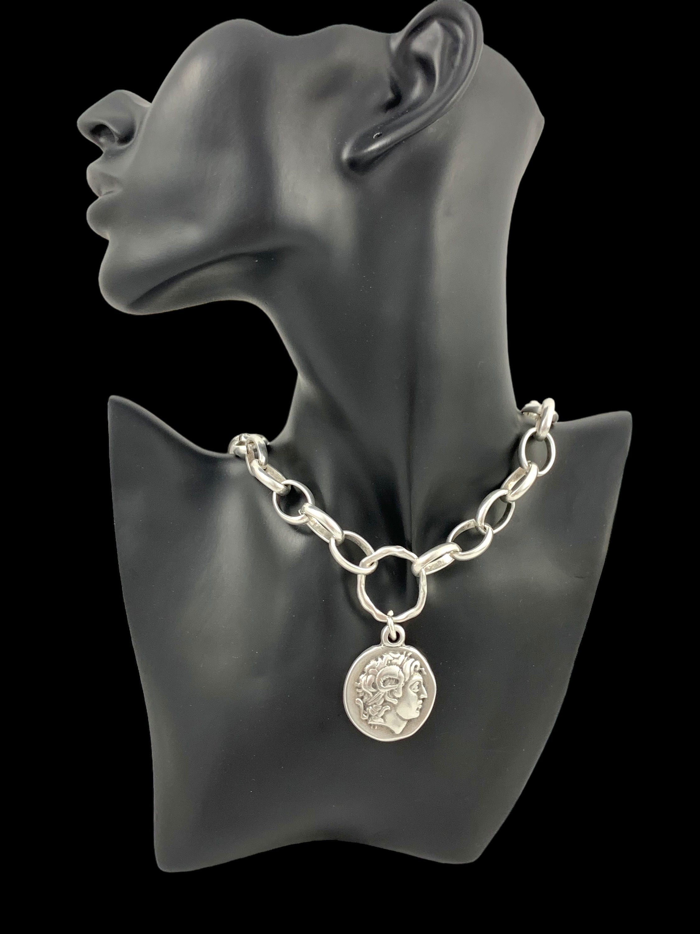 Silver chain chunky necklace with statement big Greek coin pendant, bold silver big link chain necklace, spectacular women gift