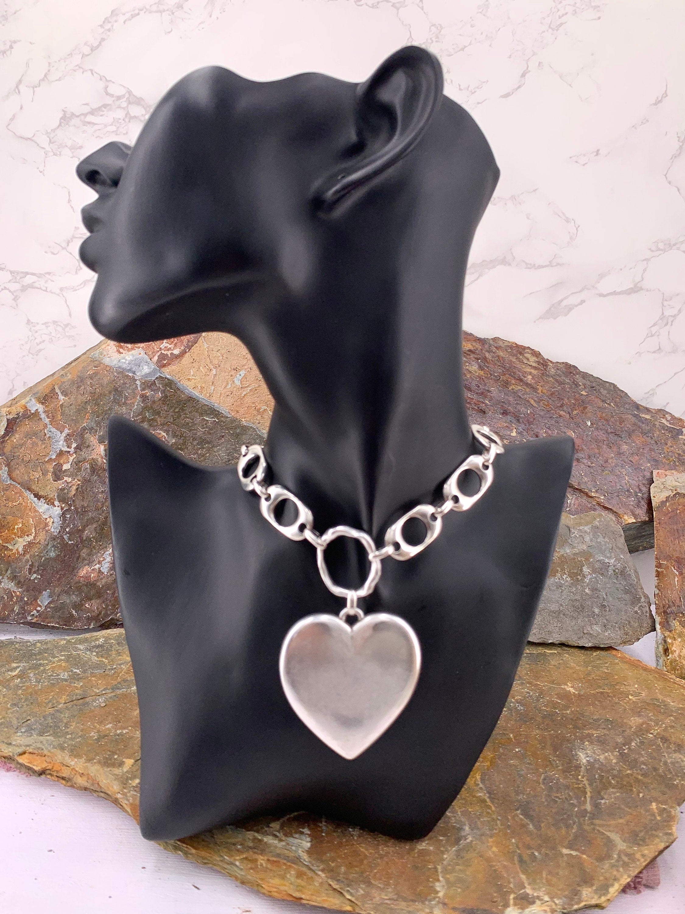 Heart pendant chunky silver chain choker, swarovski heart choker, bold chain choker,  statement silver choker, chunky link chain choker,