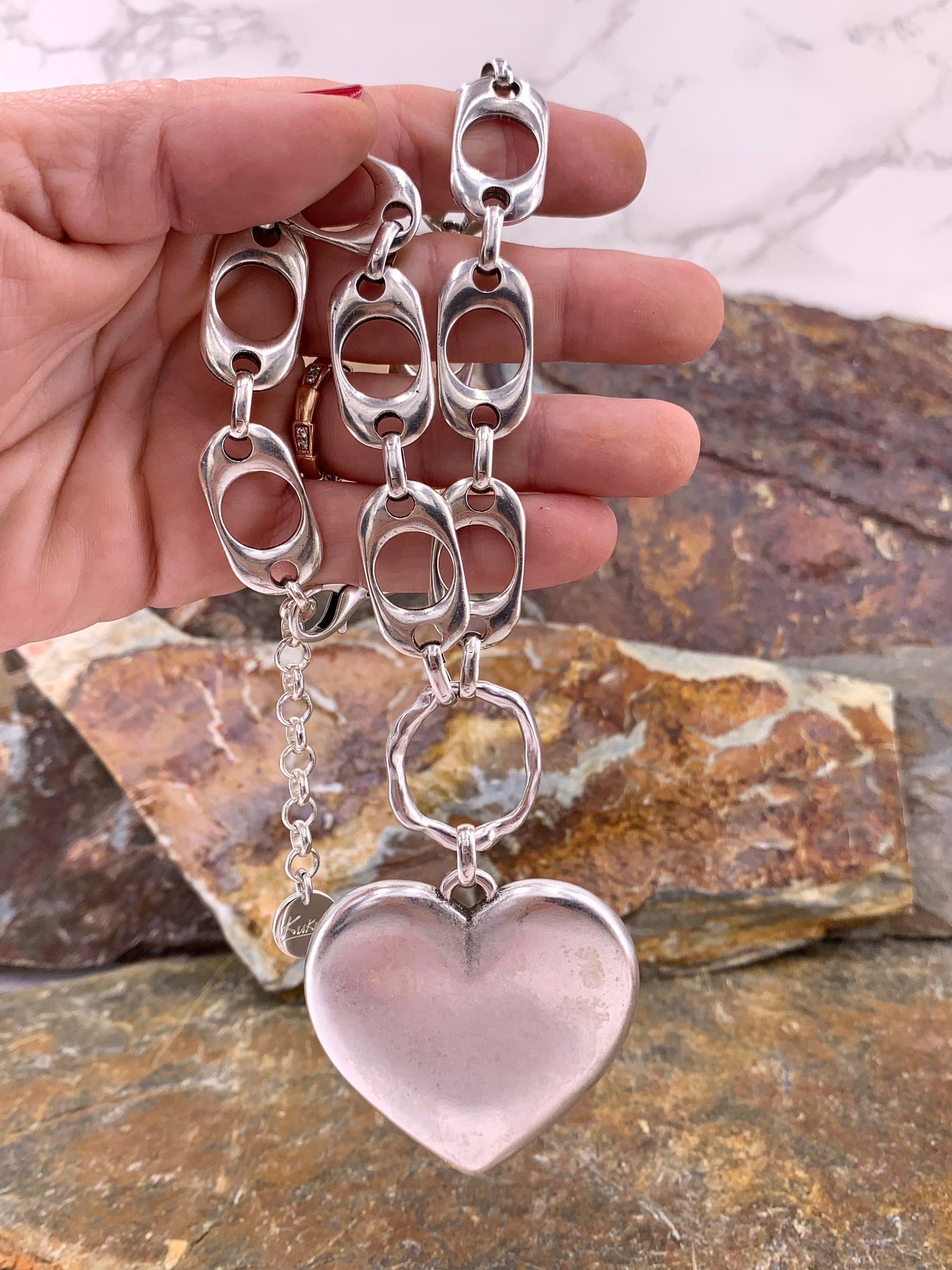 Heart pendant chunky silver chain choker, swarovski heart choker, bold chain choker,  statement silver choker, chunky link chain choker,