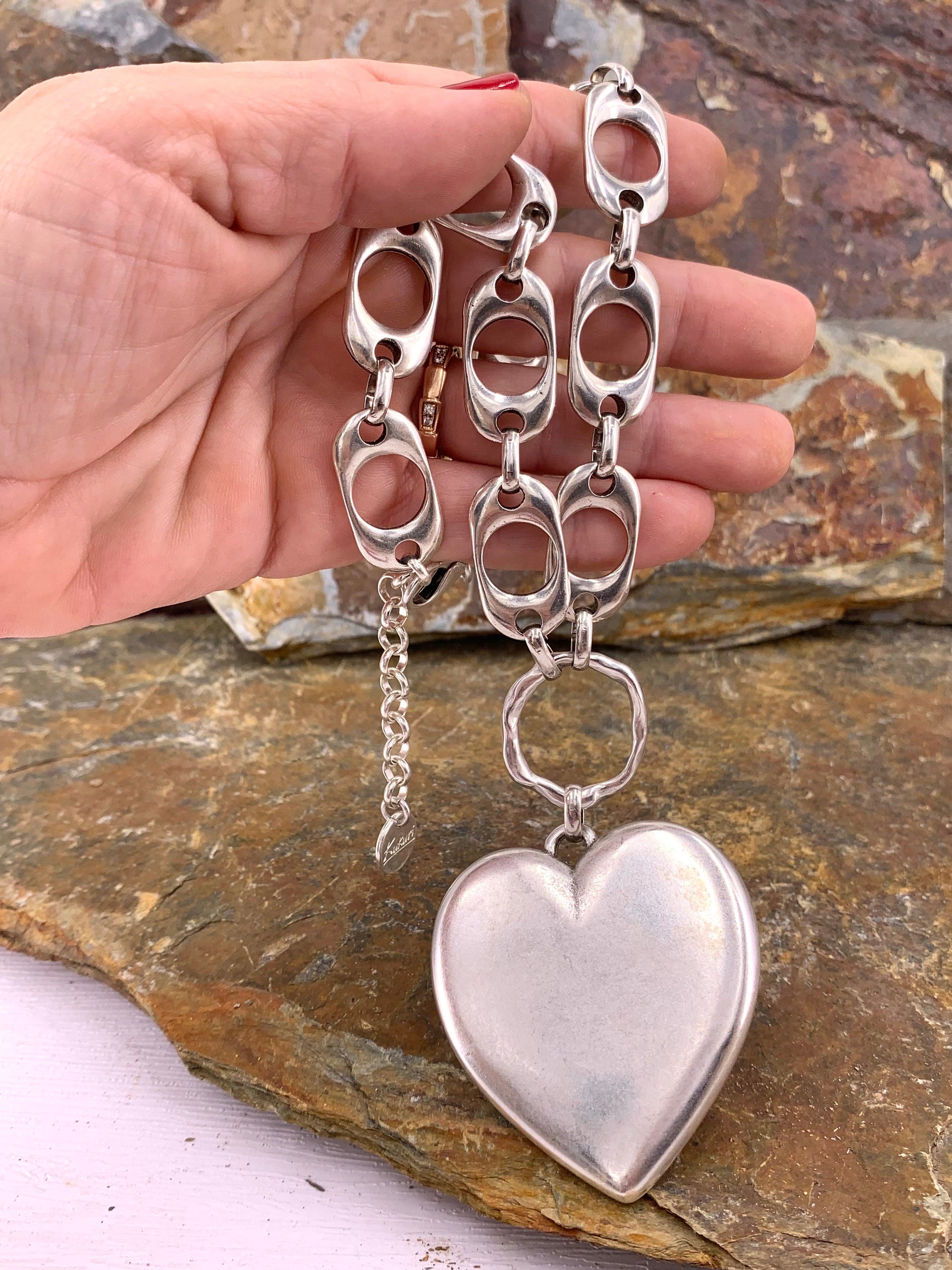 Heart pendant chunky silver chain choker, swarovski heart choker, bold chain choker,  statement silver choker, chunky link chain choker,