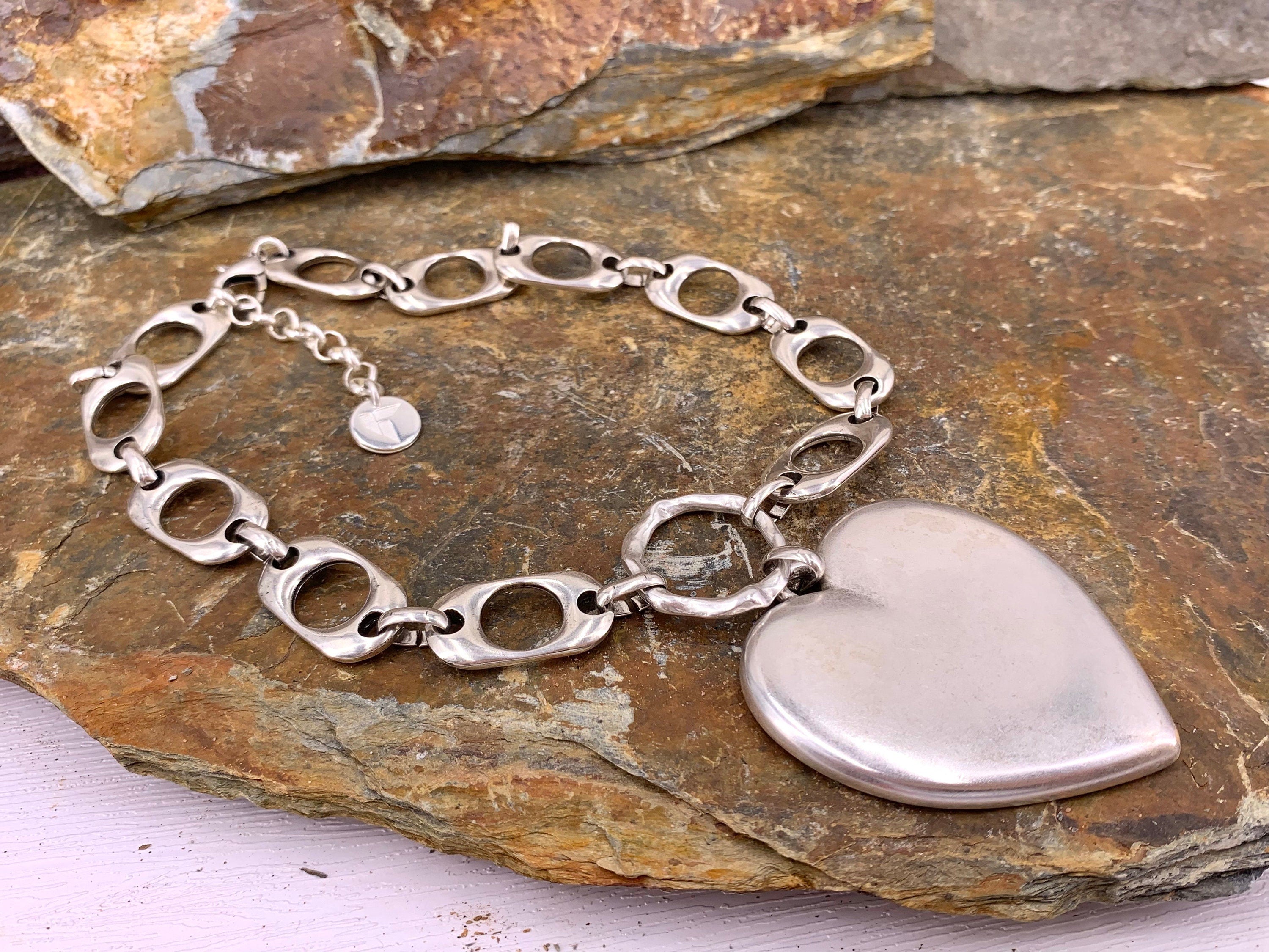 Heart pendant chunky silver chain choker, swarovski heart choker, bold chain choker,  statement silver choker, chunky link chain choker,
