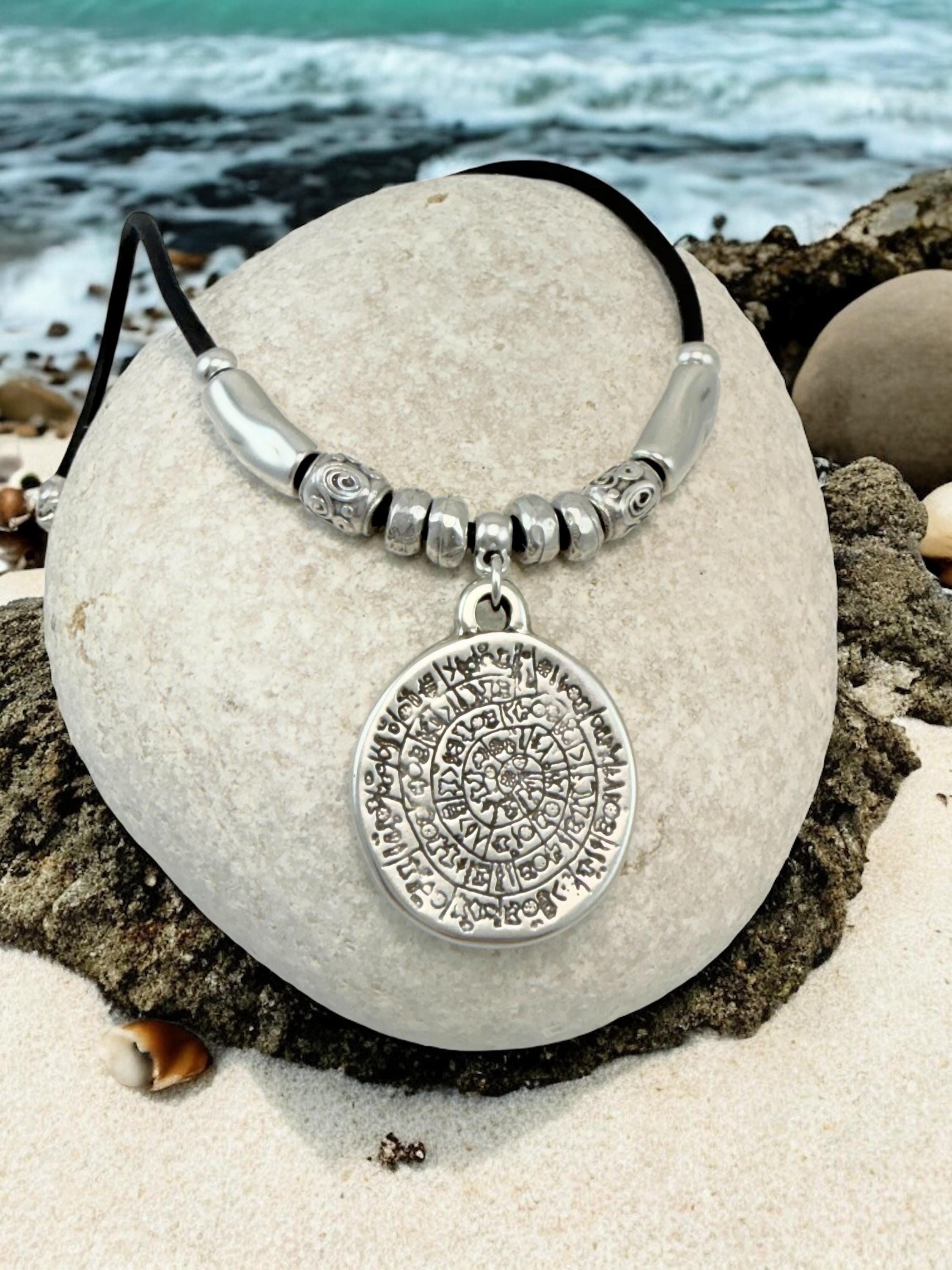 Men and women leather necklace with statement tribal pendant, big antique silver coin pendant necklace, unisex leather and silver choker