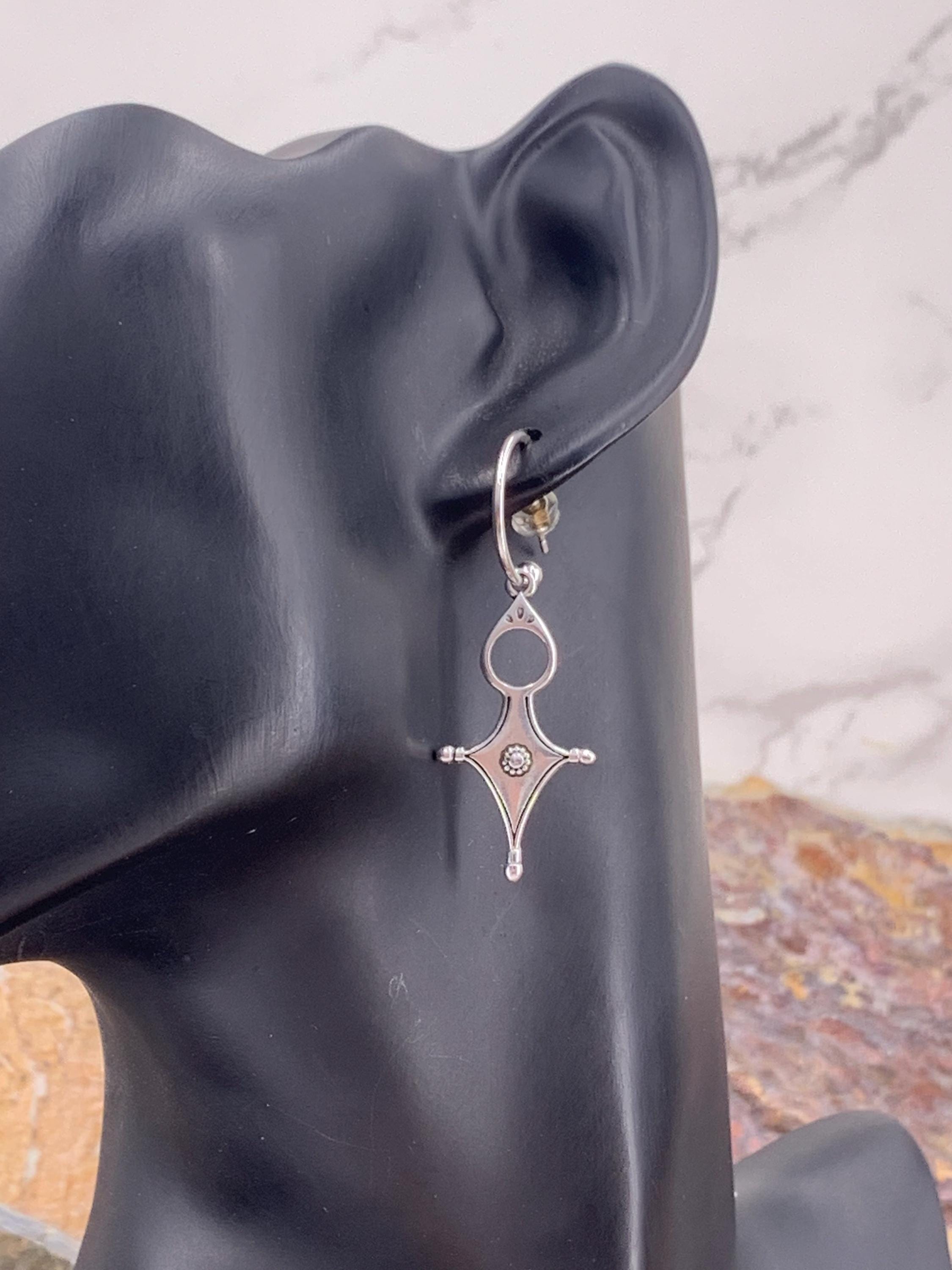 Large Silver plated Hoop Earrings with Geometric Cross Pendant • Boho Tribal Statement Hoops