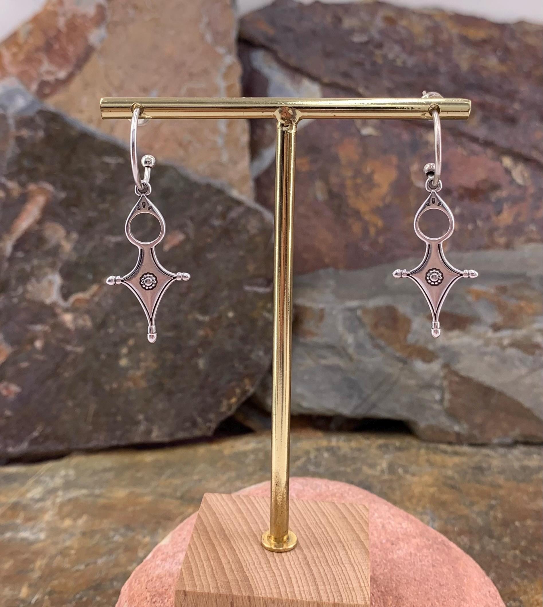 Large Silver plated Hoop Earrings with Geometric Cross Pendant • Boho Tribal Statement Hoops