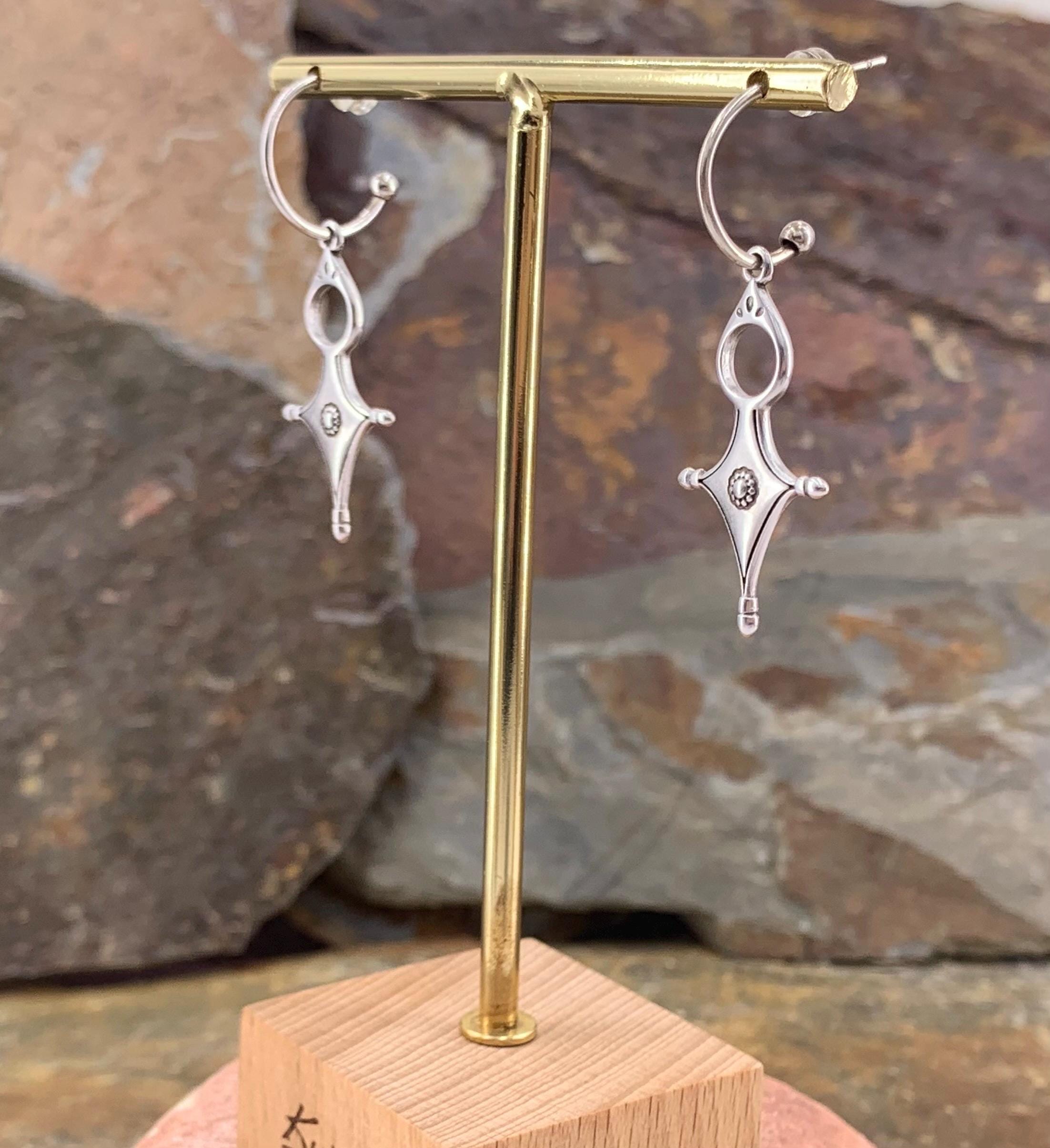 Large Silver plated Hoop Earrings with Geometric Cross Pendant • Boho Tribal Statement Hoops