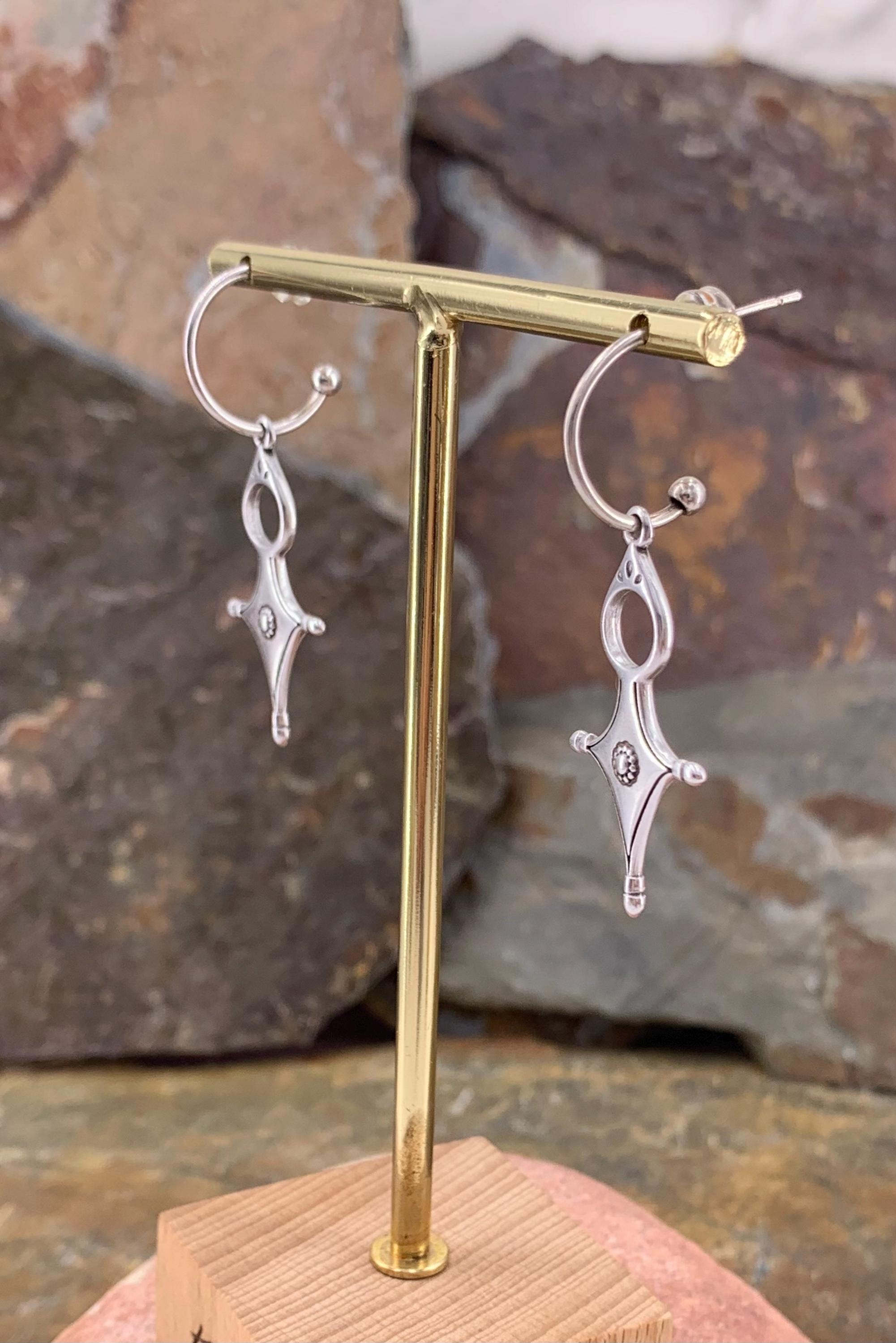 Large Silver plated Hoop Earrings with Geometric Cross Pendant • Boho Tribal Statement Hoops