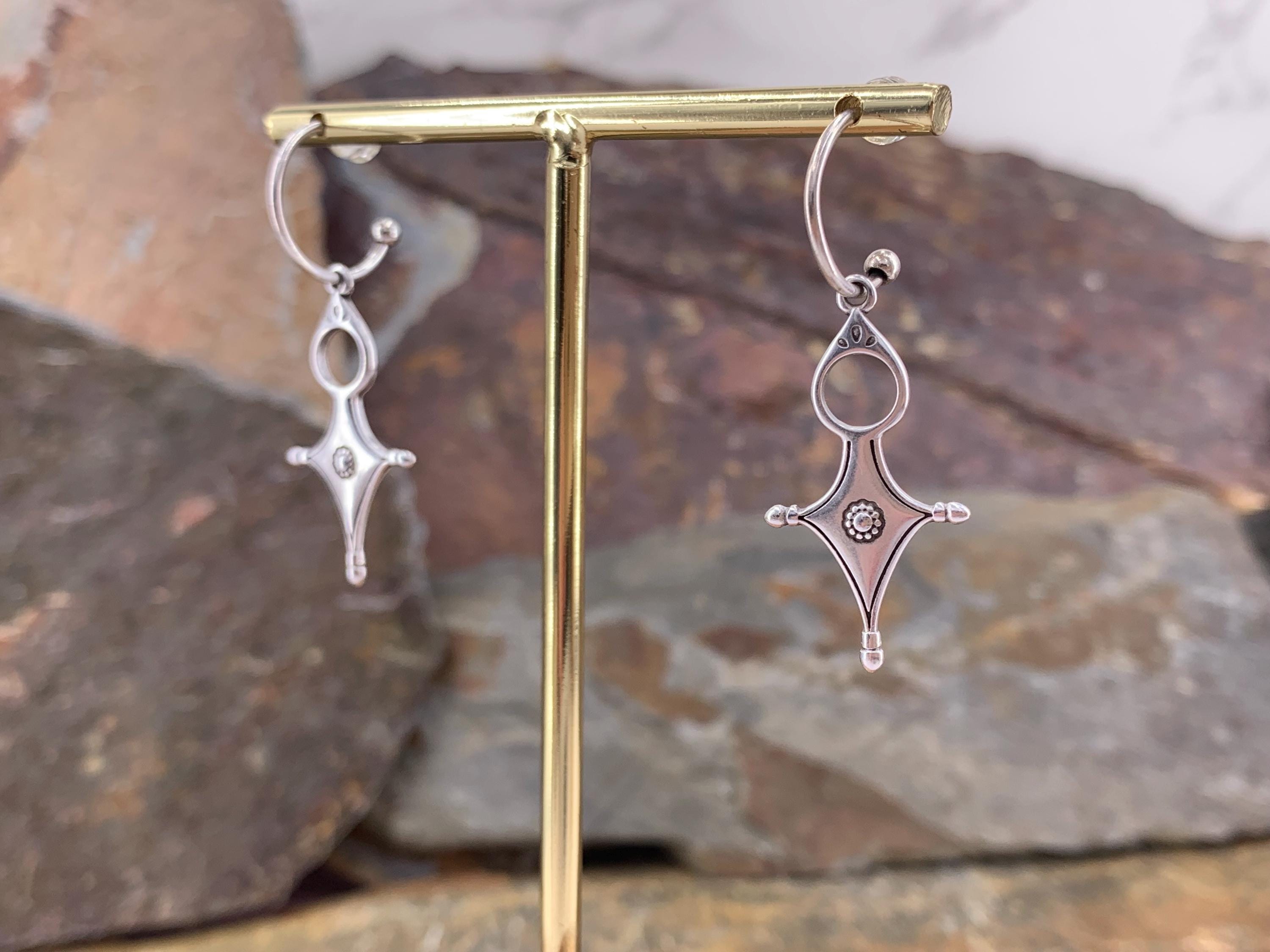 Large Silver plated Hoop Earrings with Geometric Cross Pendant • Boho Tribal Statement Hoops