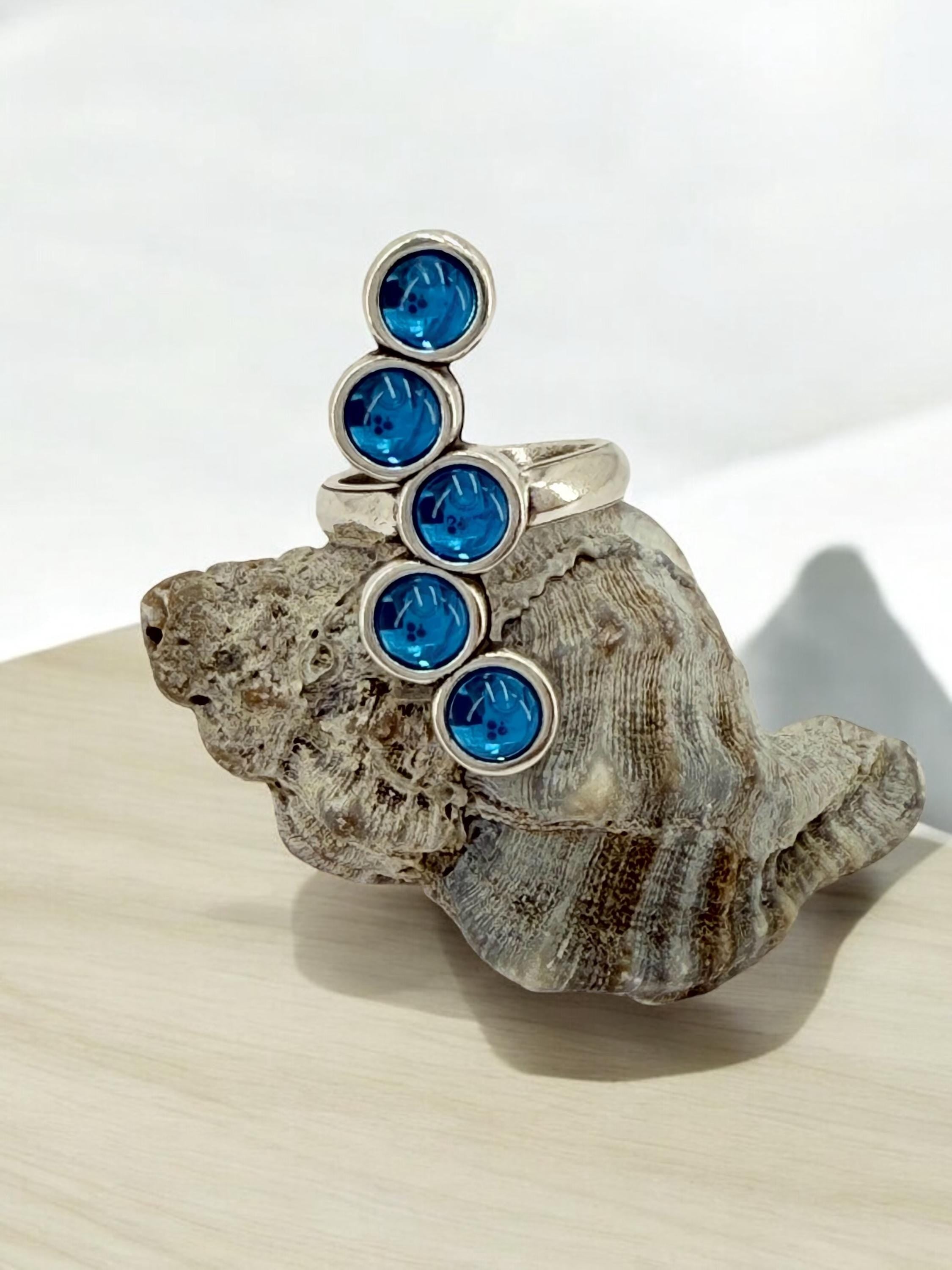Chunky Silver Blue Crystal Ring – Oversized Statement Jewelry – Adjustable Size – Uno de 50 Inspired – Handmade Gift for Her