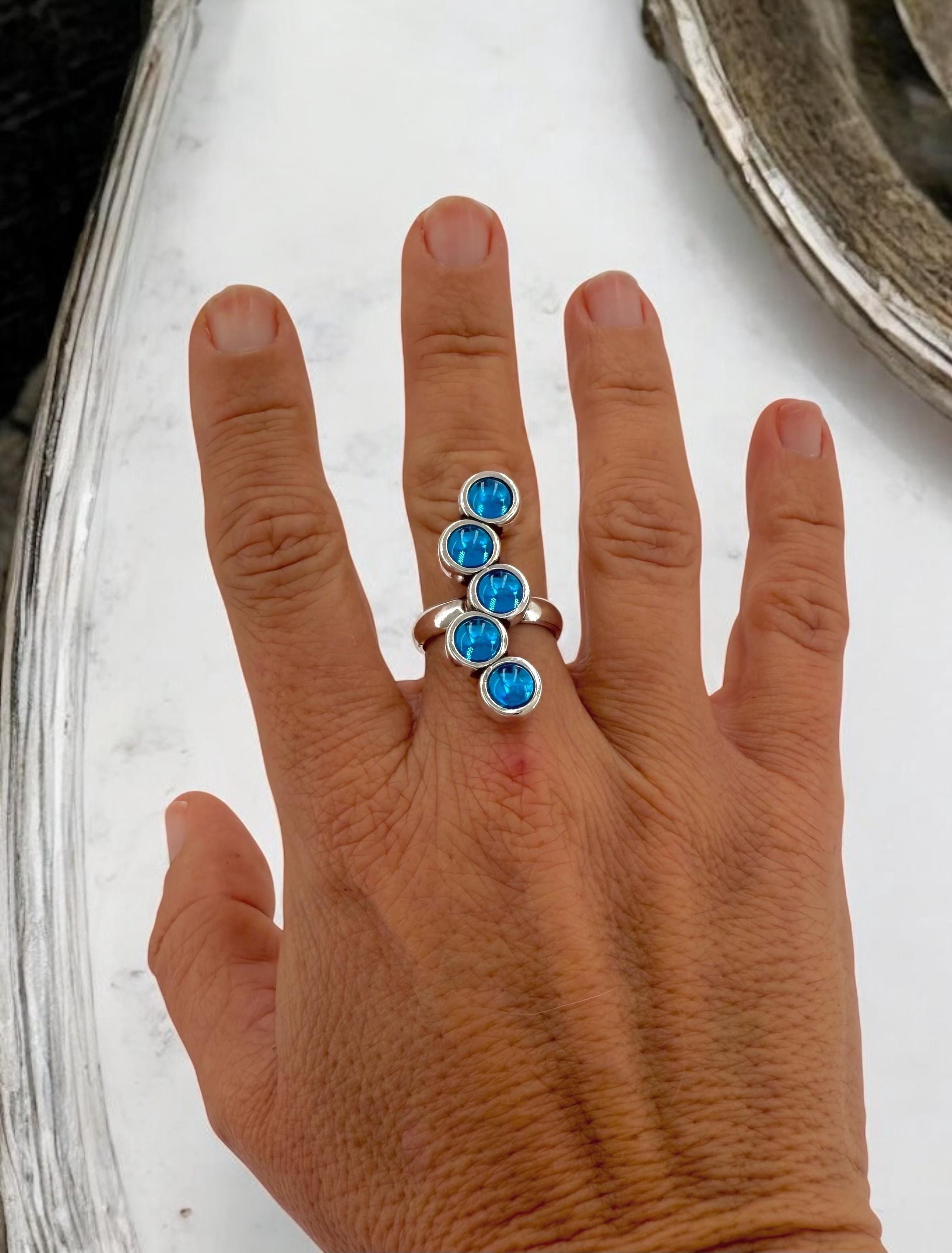Chunky Silver Blue Crystal Ring – Oversized Statement Jewelry – Adjustable Size – Uno de 50 Inspired – Handmade Gift for Her