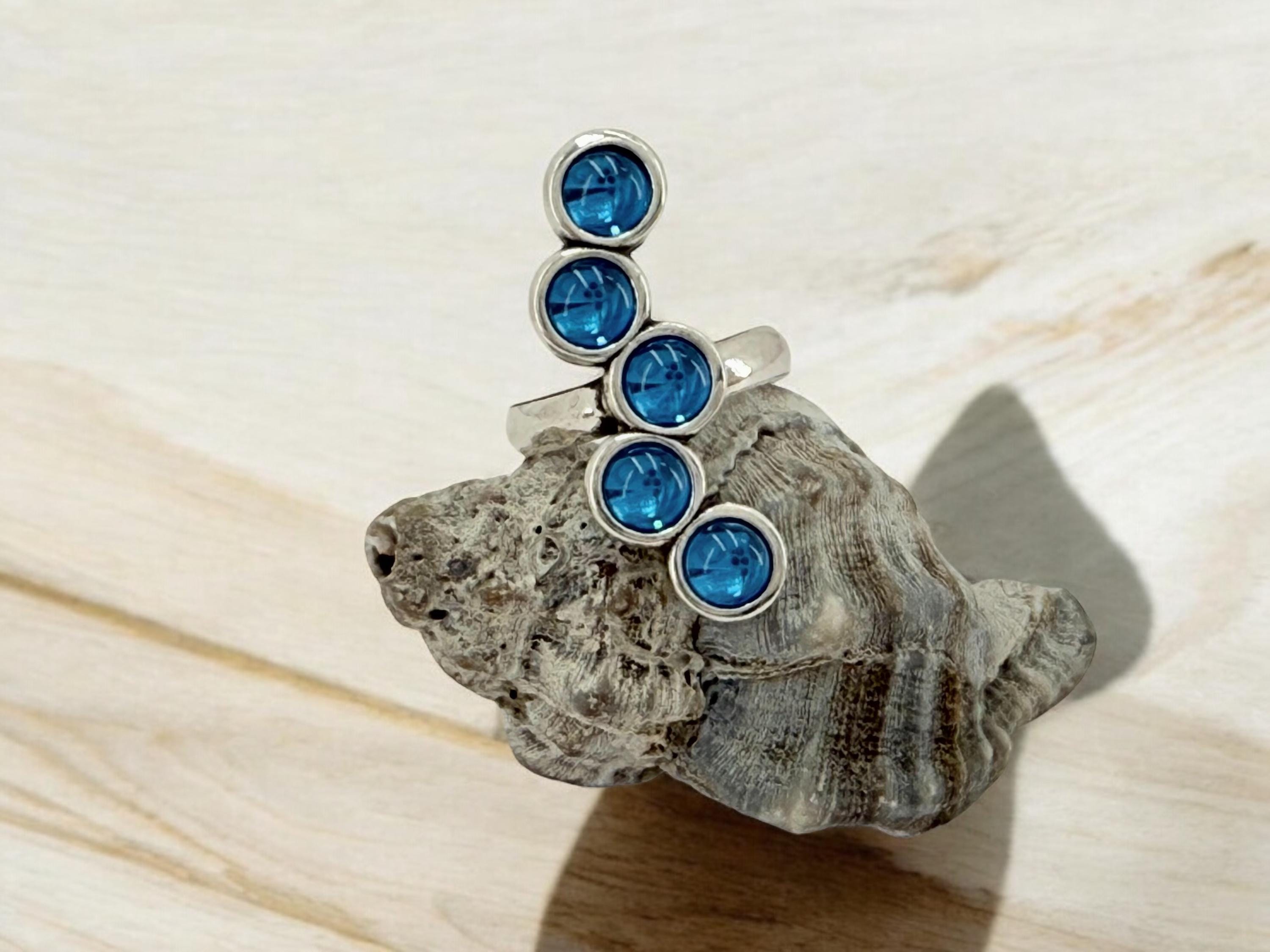 Chunky Silver Blue Crystal Ring – Oversized Statement Jewelry – Adjustable Size – Uno de 50 Inspired – Handmade Gift for Her