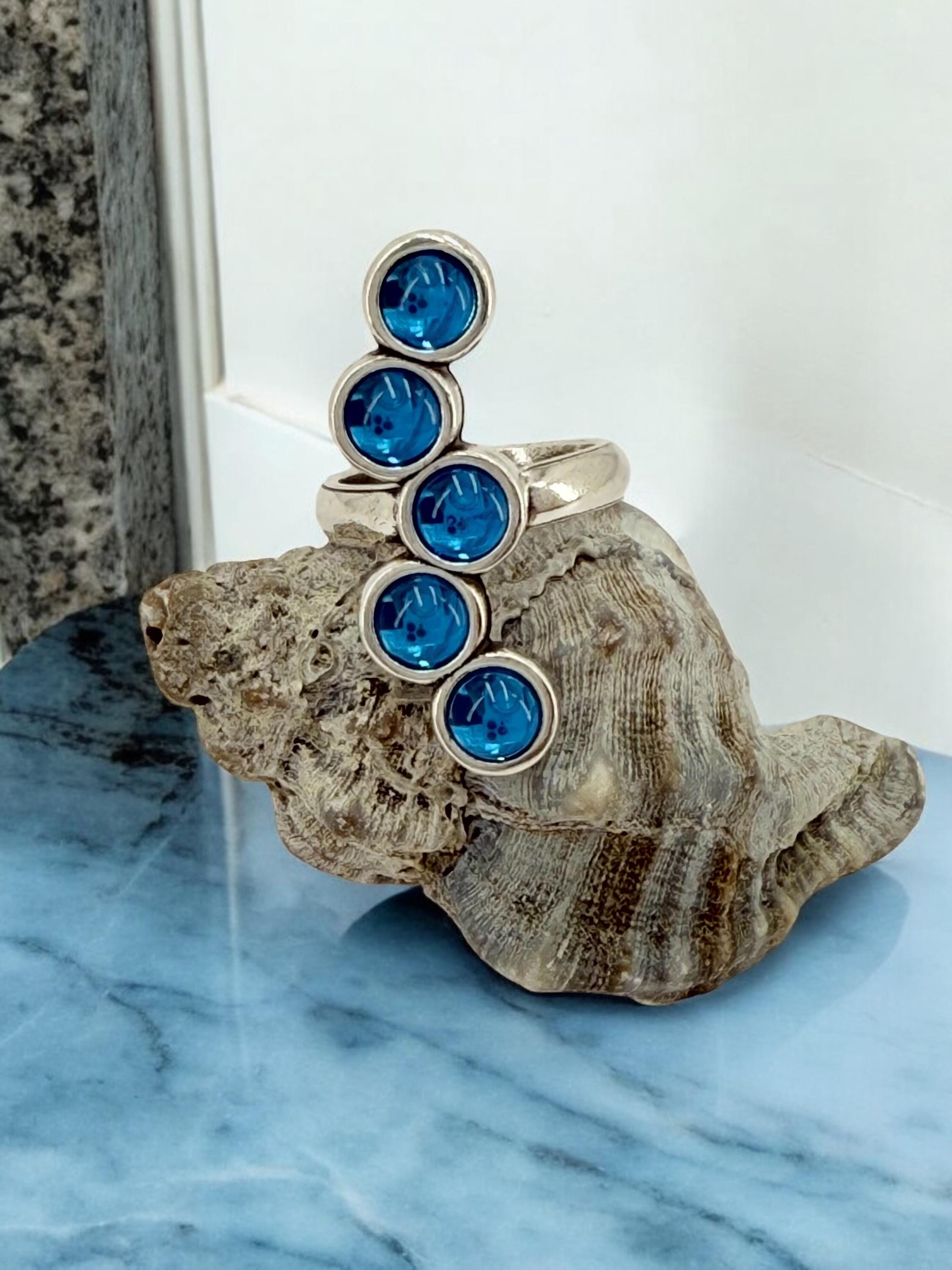 Chunky Silver Blue Crystal Ring – Oversized Statement Jewelry – Adjustable Size – Uno de 50 Inspired – Handmade Gift for Her