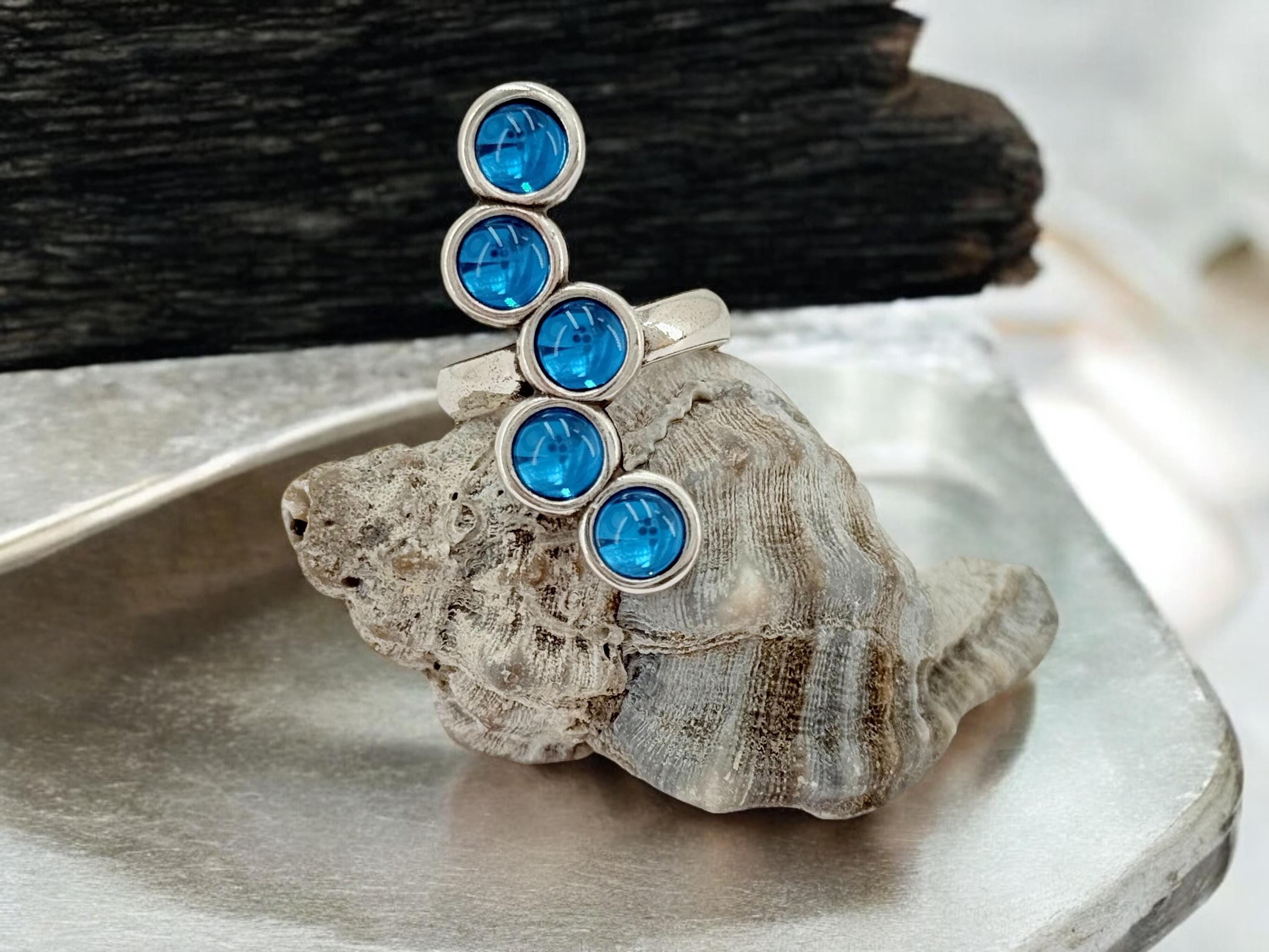 Chunky Silver Blue Crystal Ring – Oversized Statement Jewelry – Adjustable Size – Uno de 50 Inspired – Handmade Gift for Her