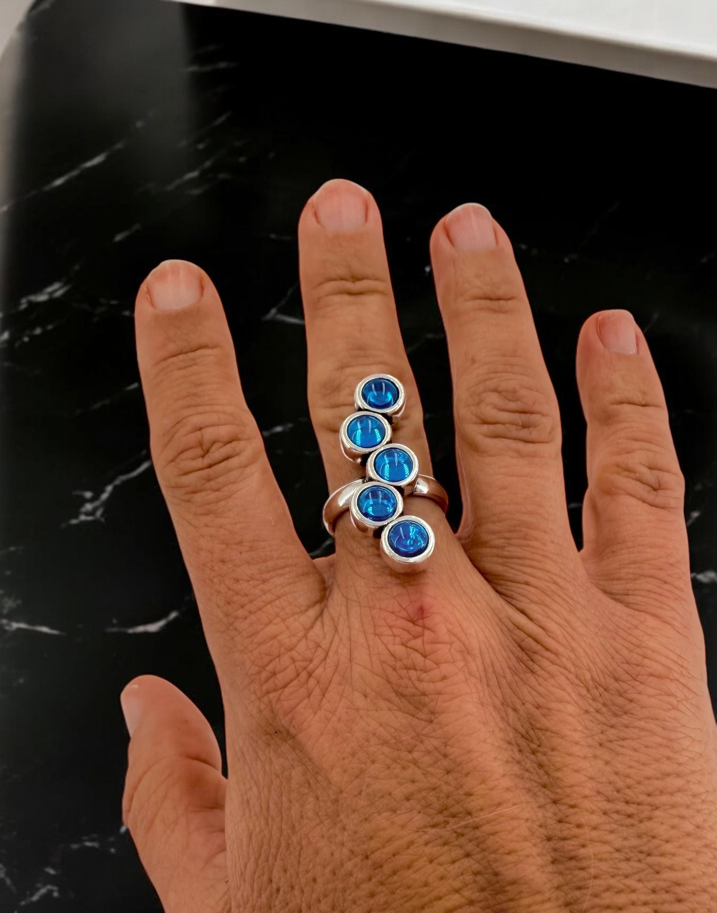 Chunky Silver Blue Crystal Ring – Oversized Statement Jewelry – Adjustable Size – Uno de 50 Inspired – Handmade Gift for Her