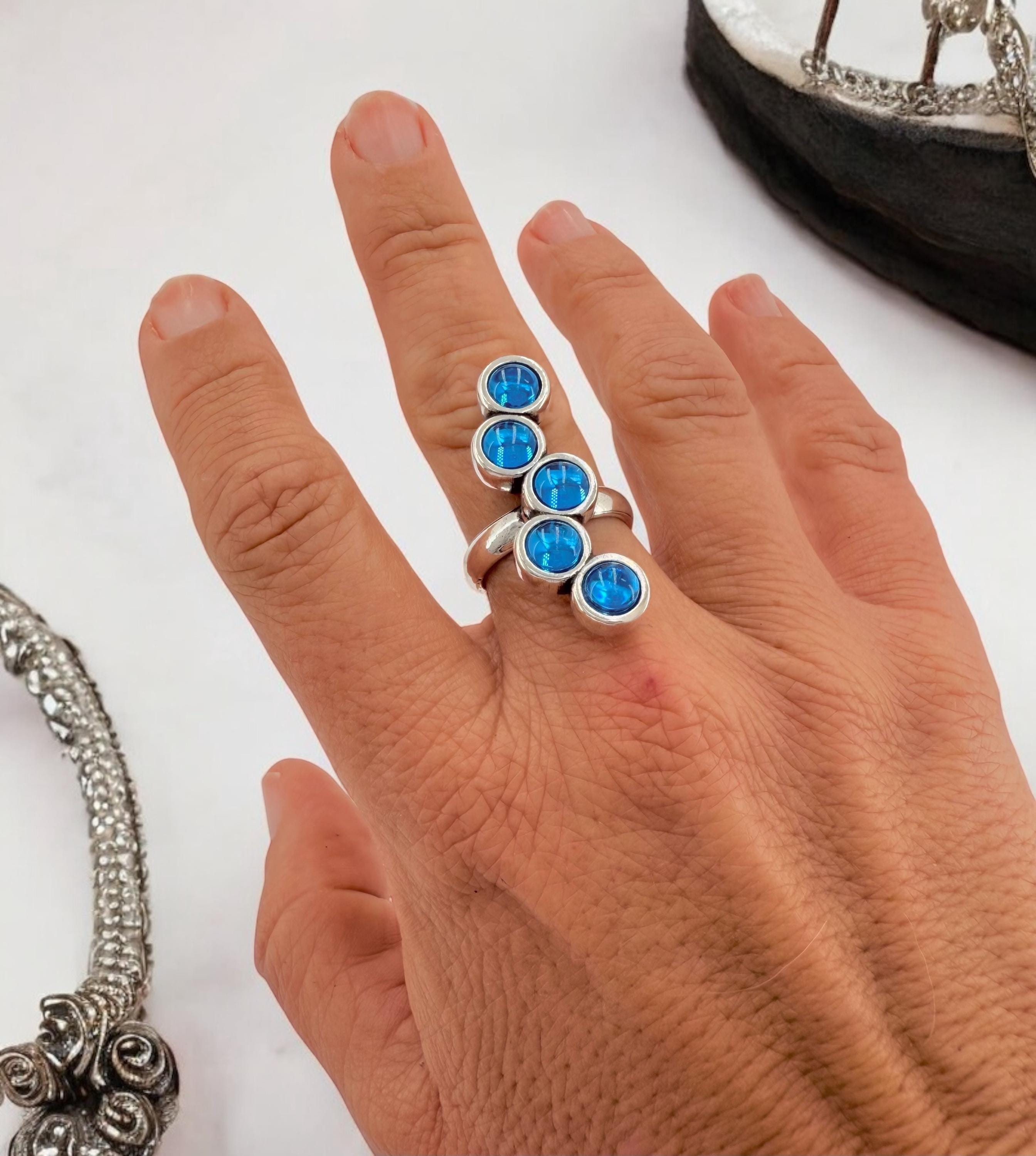 Chunky Silver Blue Crystal Ring – Oversized Statement Jewelry – Adjustable Size – Uno de 50 Inspired – Handmade Gift for Her