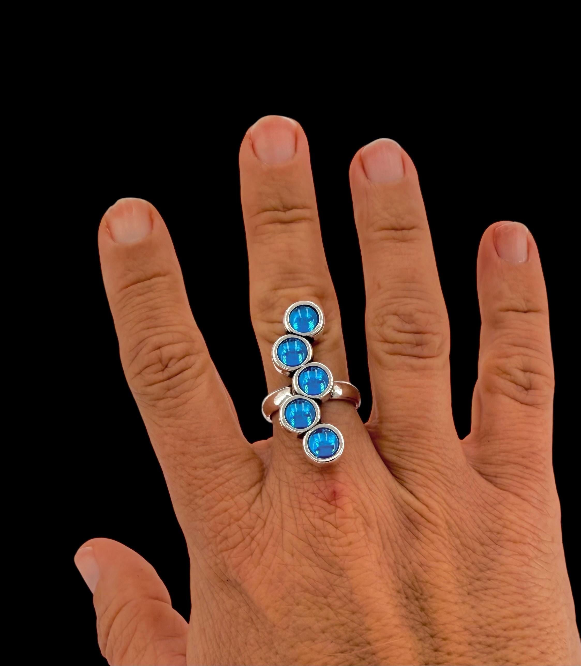 Chunky Silver Blue Crystal Ring – Oversized Statement Jewelry – Adjustable Size – Uno de 50 Inspired – Handmade Gift for Her