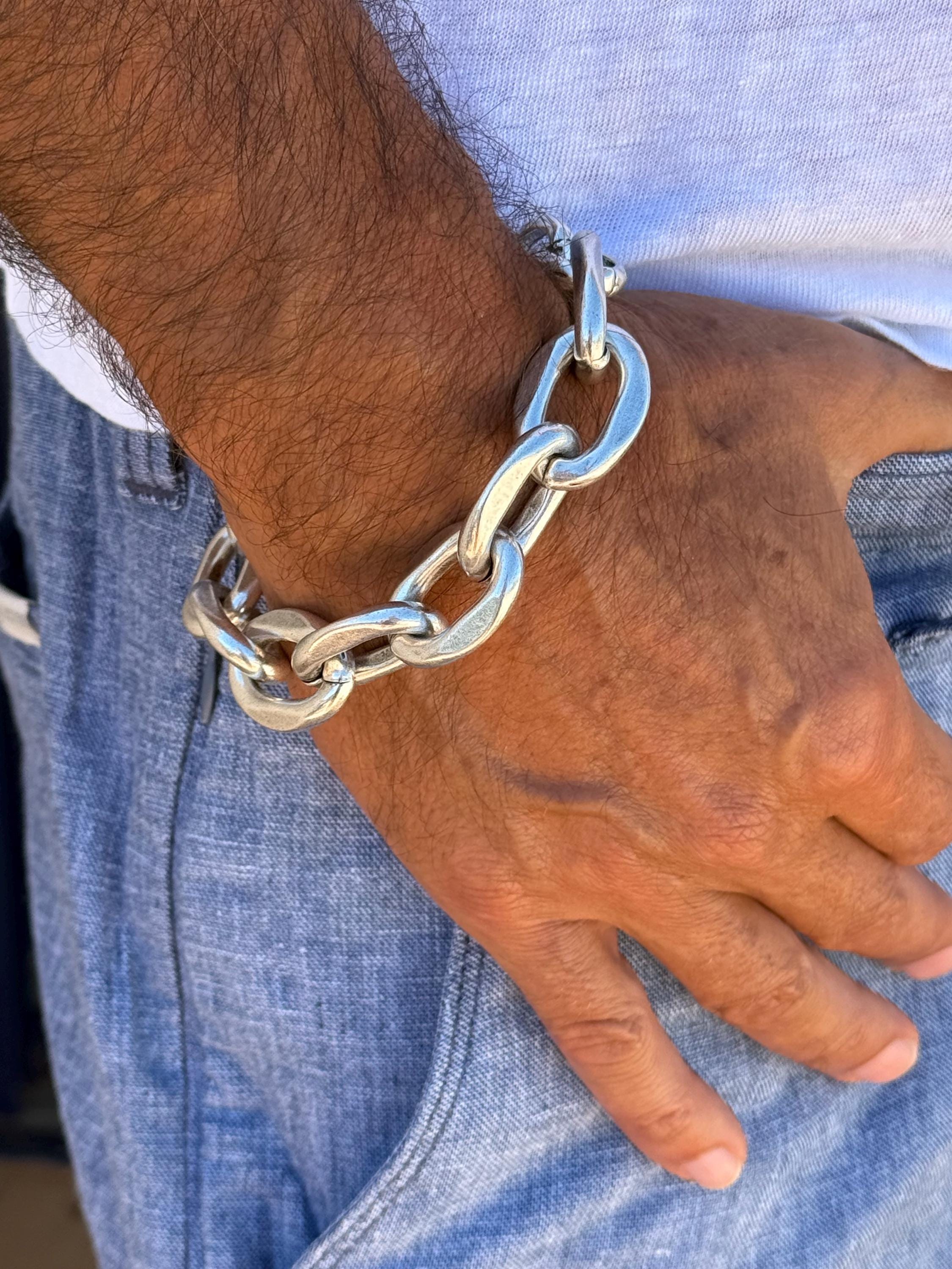 Masculine Silver Chunky Chain Bracelet – Lightweight Aluminum – Bold Adjustable Men’s Jewelry – 7.8 in