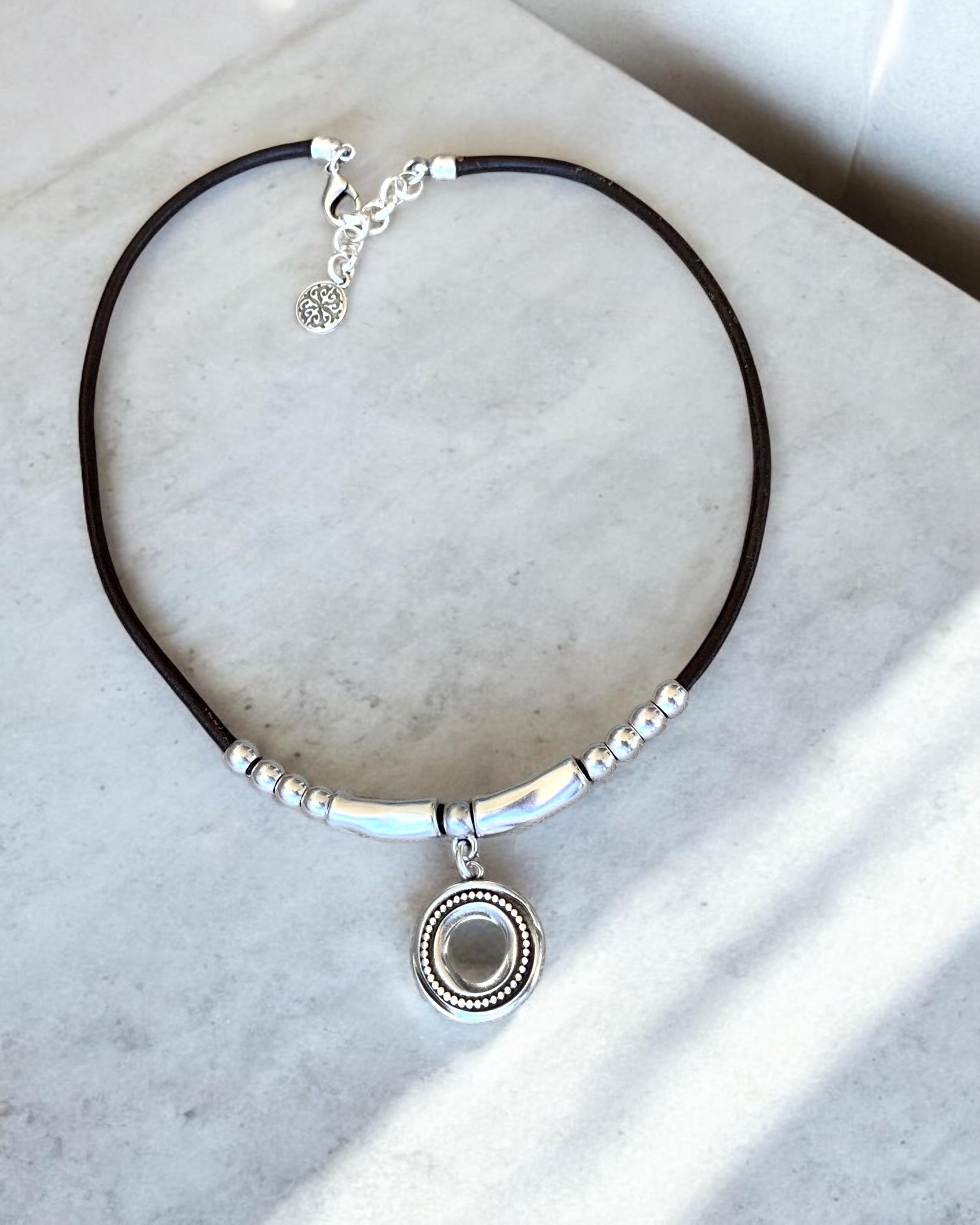 Leather necklace with silver beads and circle engraved pendant, gift for her, uno de 50 style, silver pendant leather choker, leather choker