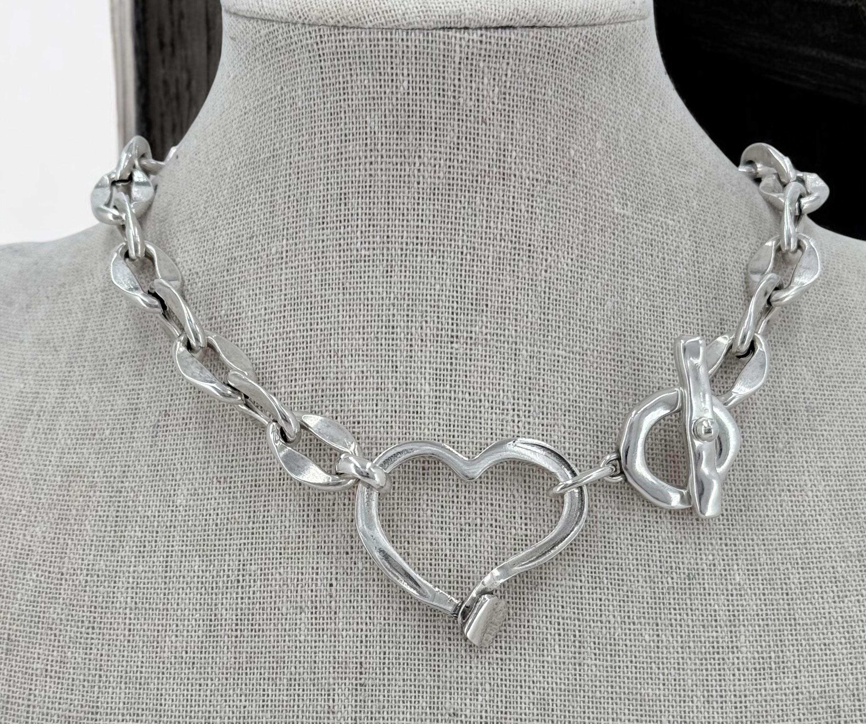 Chunky Silver Heart Necklace – Bold Chain Choker – Heavyweight Statement Jewelry – Uno de 50 Inspired – Handmade Gift for Her