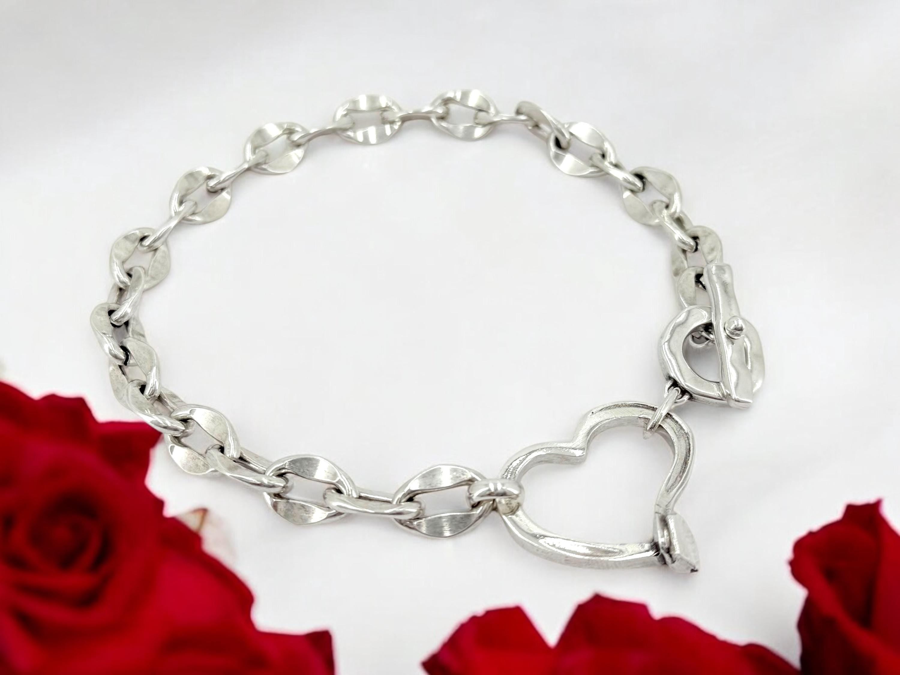 Chunky Silver Heart Necklace – Bold Chain Choker – Heavyweight Statement Jewelry – Uno de 50 Inspired – Handmade Gift for Her