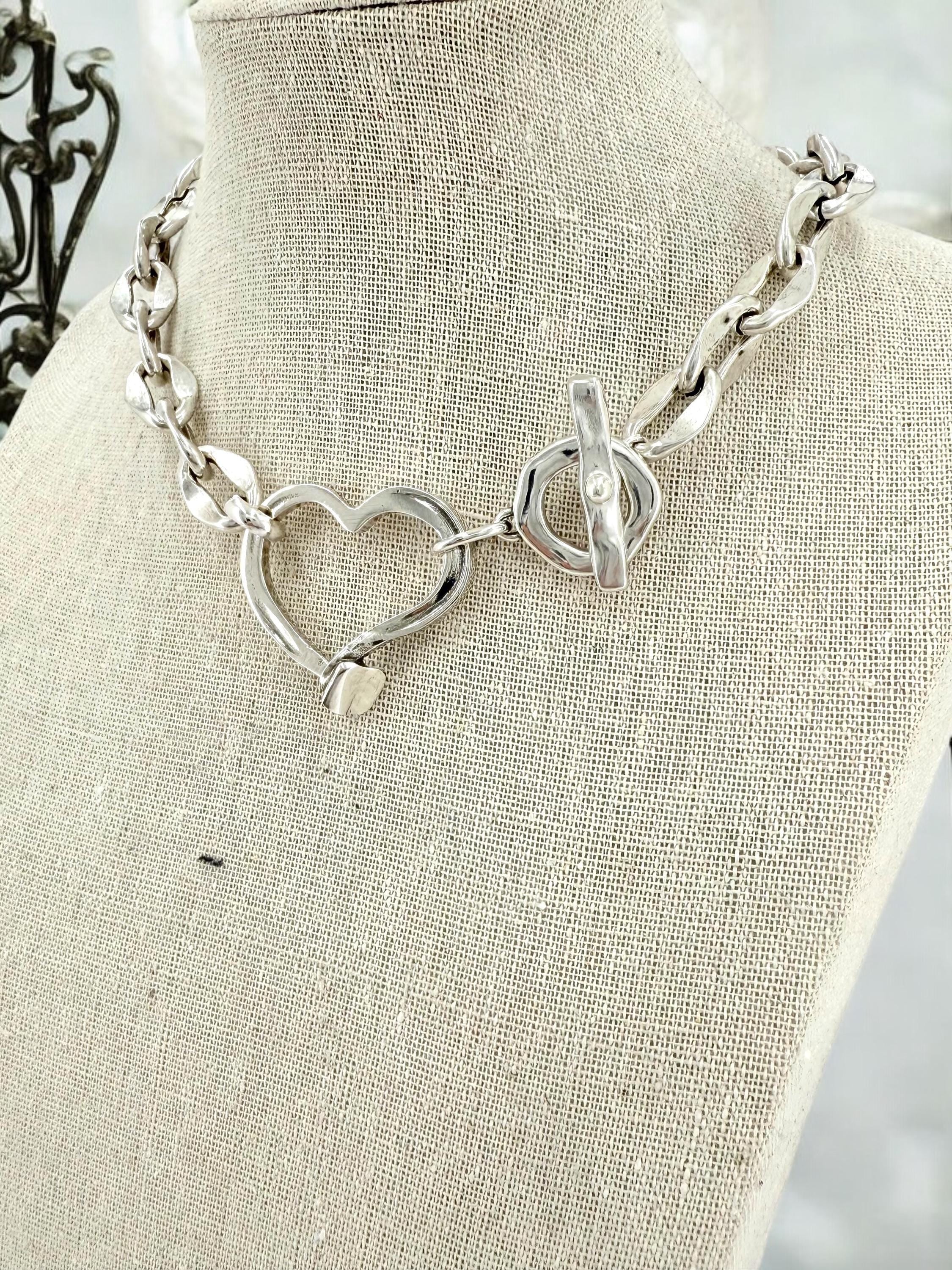 Chunky Silver Heart Necklace – Bold Chain Choker – Heavyweight Statement Jewelry – Uno de 50 Inspired – Handmade Gift for Her