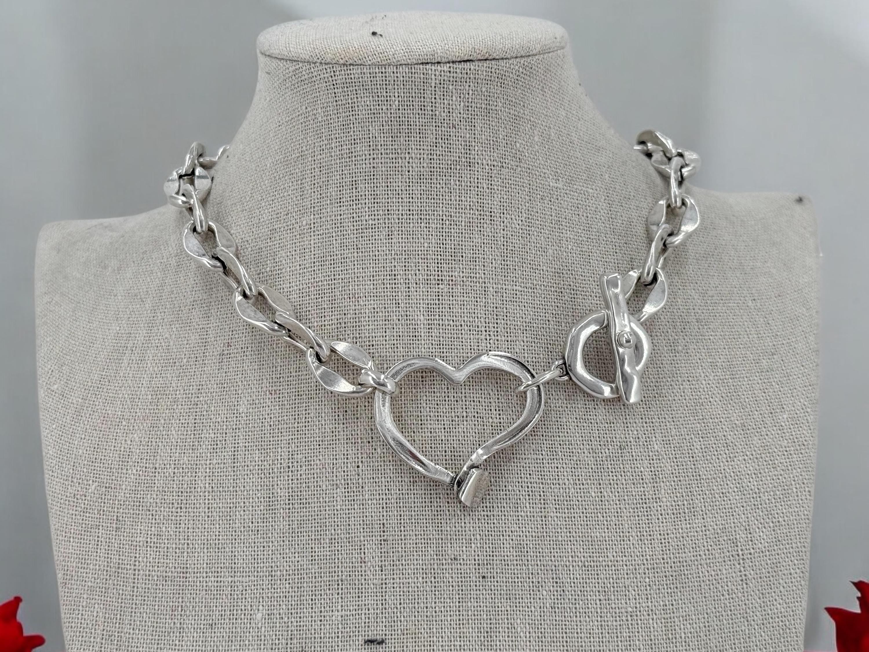 Chunky Silver Heart Necklace – Bold Chain Choker – Heavyweight Statement Jewelry –  Inspired – Handmade Gift for Her