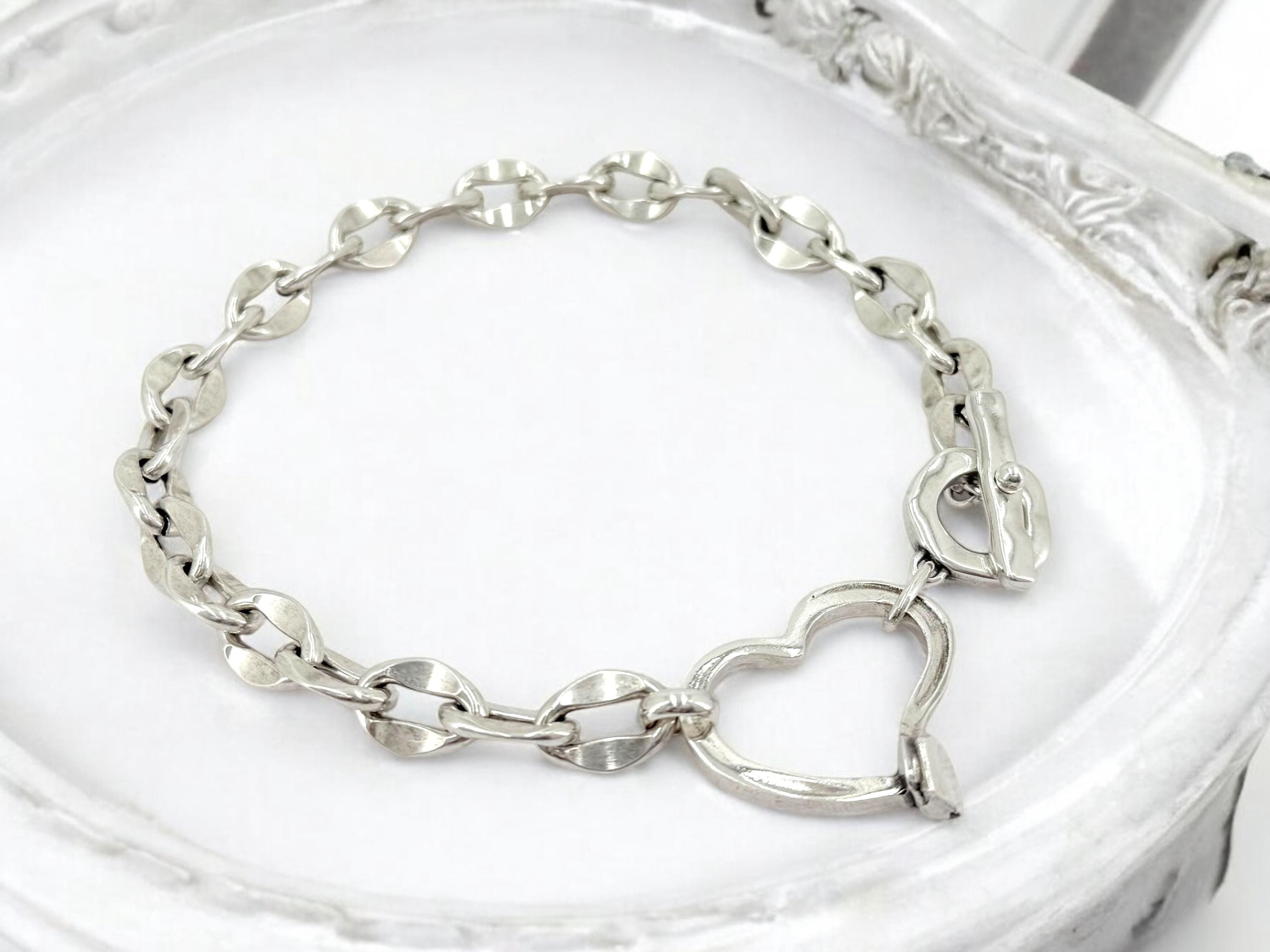 Chunky Silver Heart Necklace – Bold Chain Choker – Heavyweight Statement Jewelry – Uno de 50 Inspired – Handmade Gift for Her