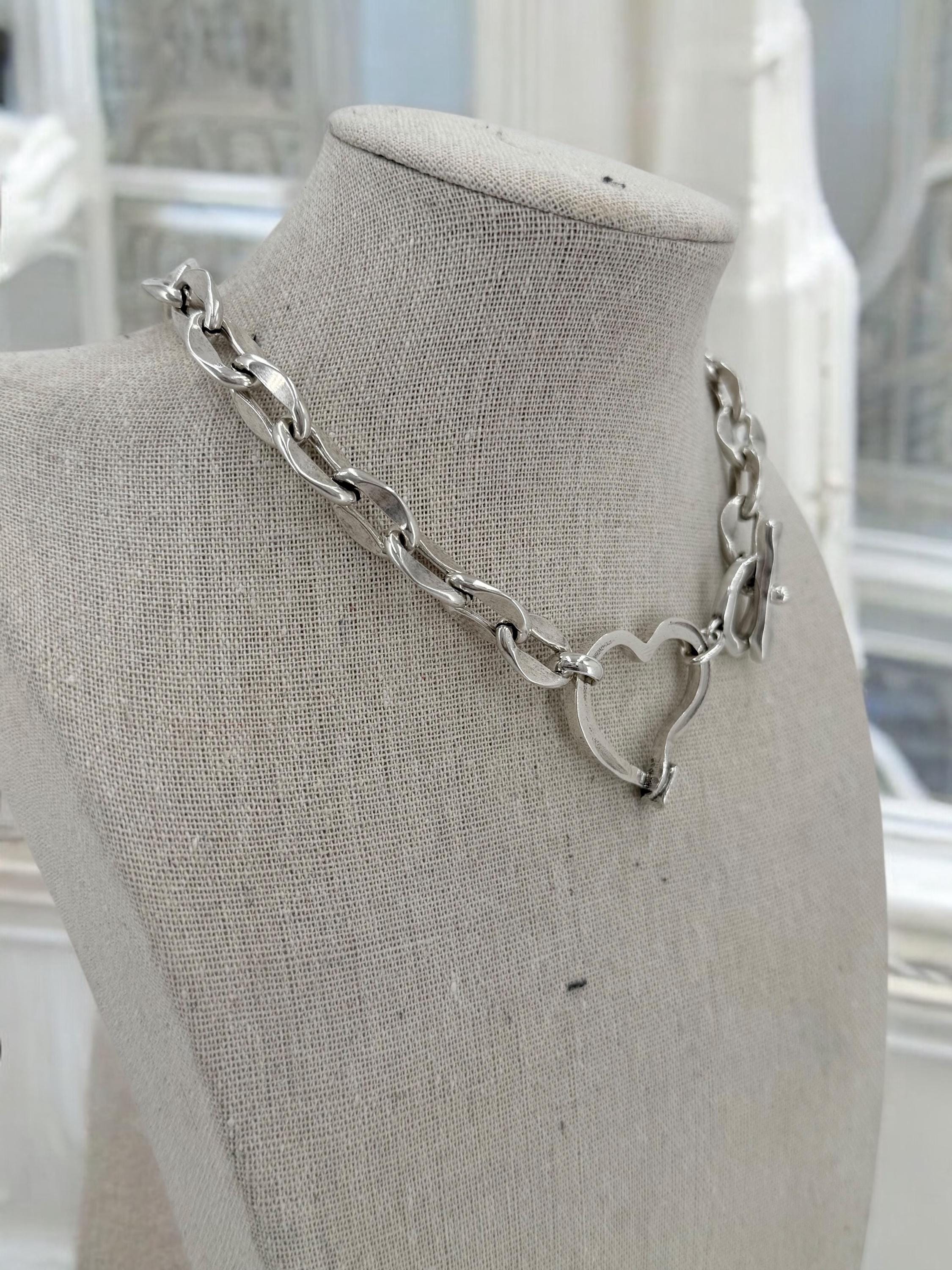 Chunky Silver Heart Necklace – Bold Chain Choker – Heavyweight Statement Jewelry – Uno de 50 Inspired – Handmade Gift for Her