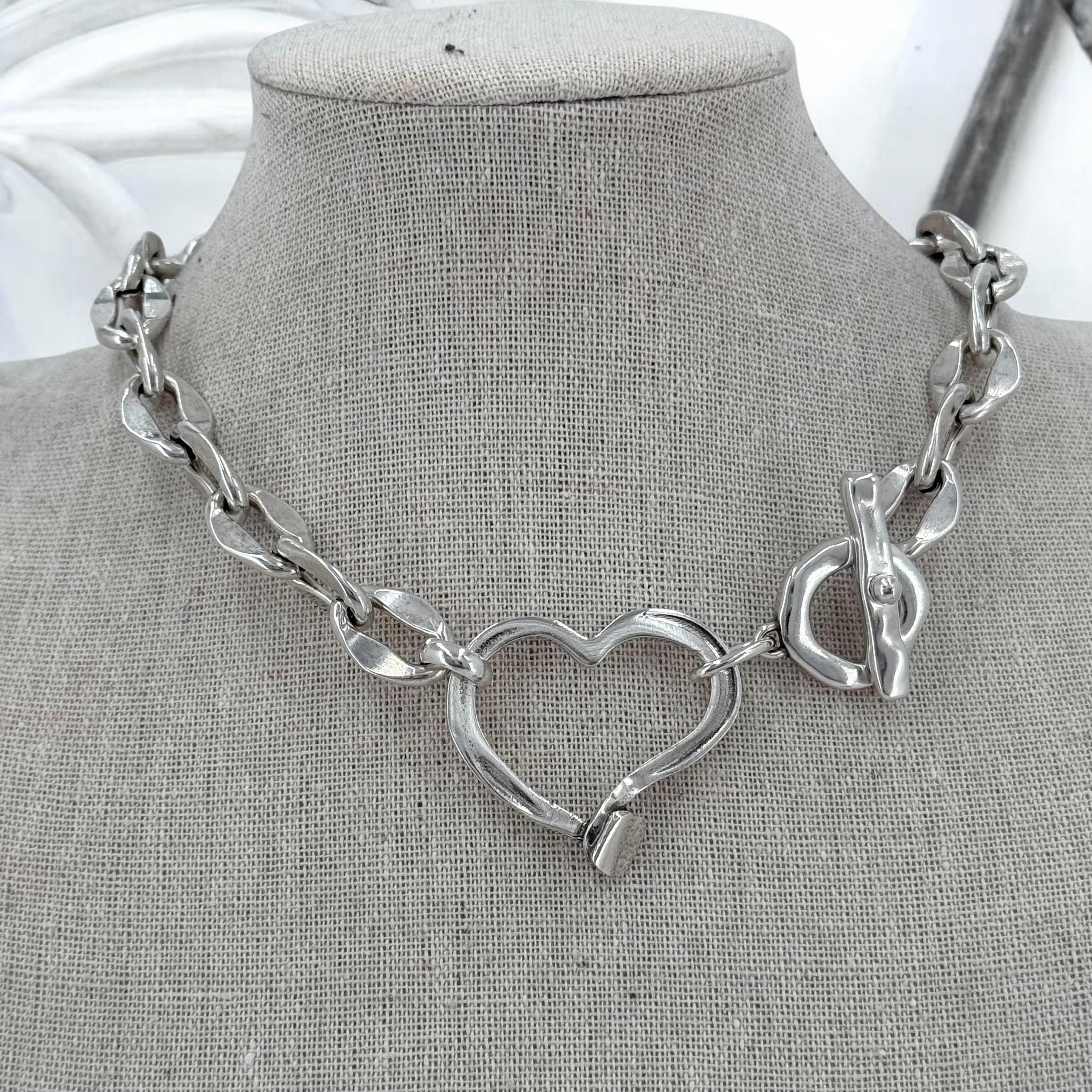 Chunky Silver Heart Necklace – Bold Chain Choker – Heavyweight Statement Jewelry – Uno de 50 Inspired – Handmade Gift for Her
