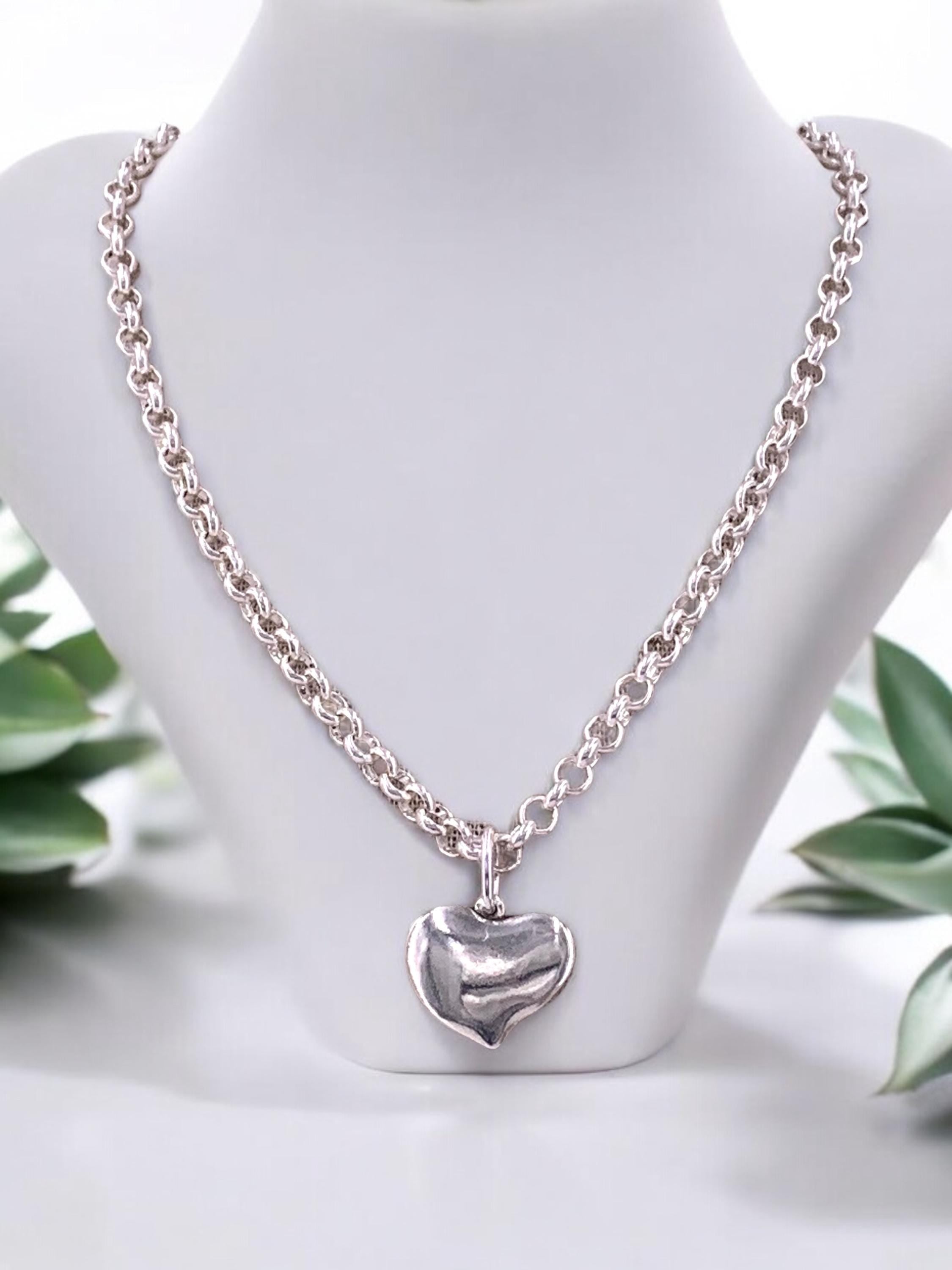 Heart pendant chunky silver chain necklace, silver heavyweight rolo chain necklace, heart pendant necklace, uno de 50 style, Valentines gift