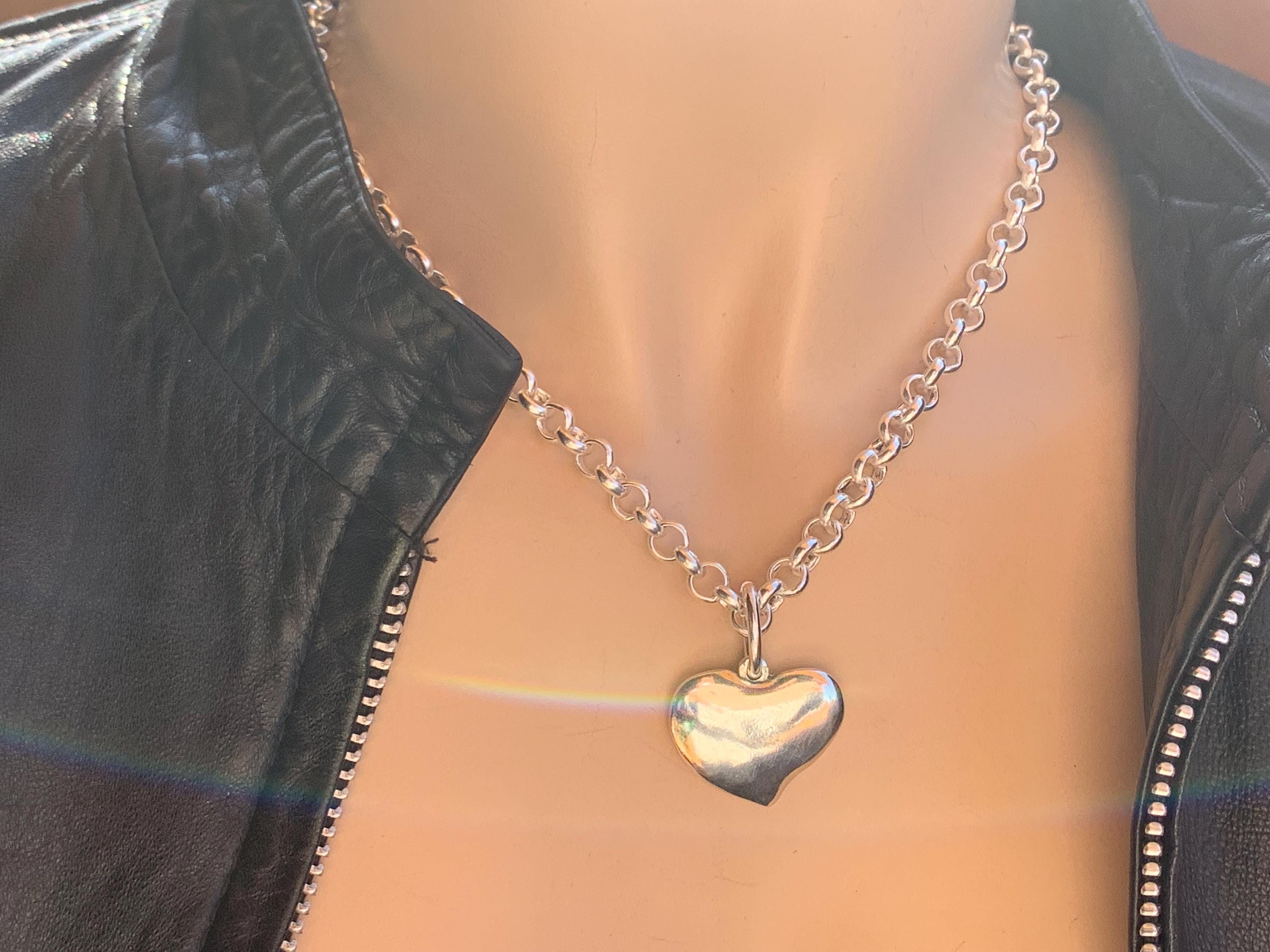 Heart pendant chunky silver chain necklace, silver heavyweight rolo chain necklace, heart pendant necklace, uno de 50 style, Valentines gift