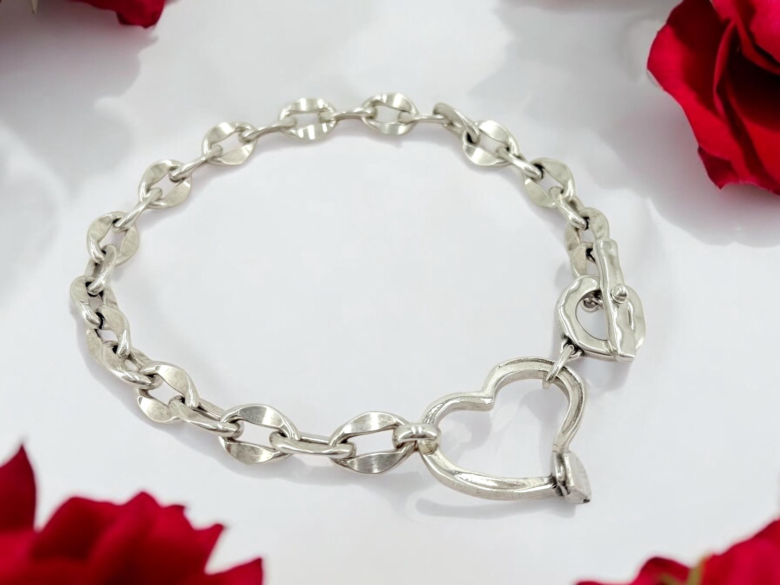 Chunky Silver Heart Necklace – Bold Chain Choker – Heavyweight Statement Jewelry – Uno de 50 Inspired – Handmade Gift for Her