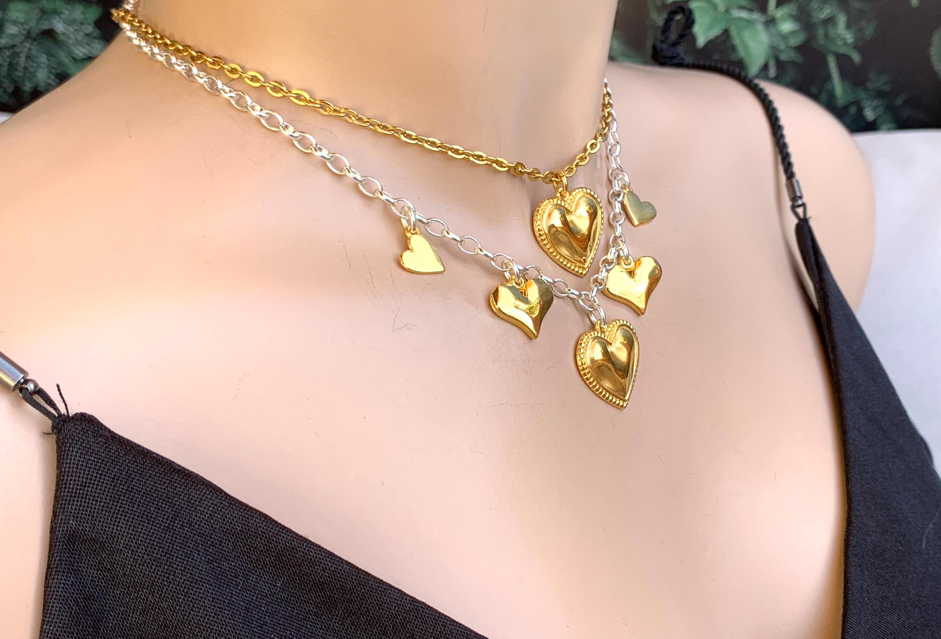 Set of necklaces with heart pendant charms, gold and silver necklaces, bohemian necklace, layering necklace set, valentines gift for women