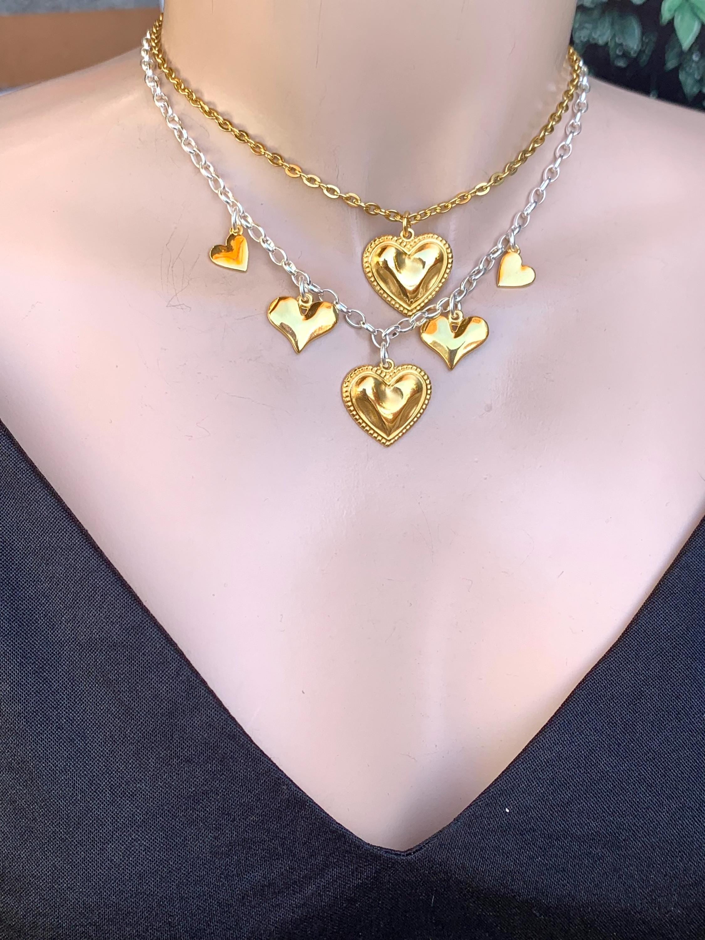 Set of necklaces with heart pendant charms, gold and silver necklaces, bohemian necklace, layering necklace set, valentines gift for women