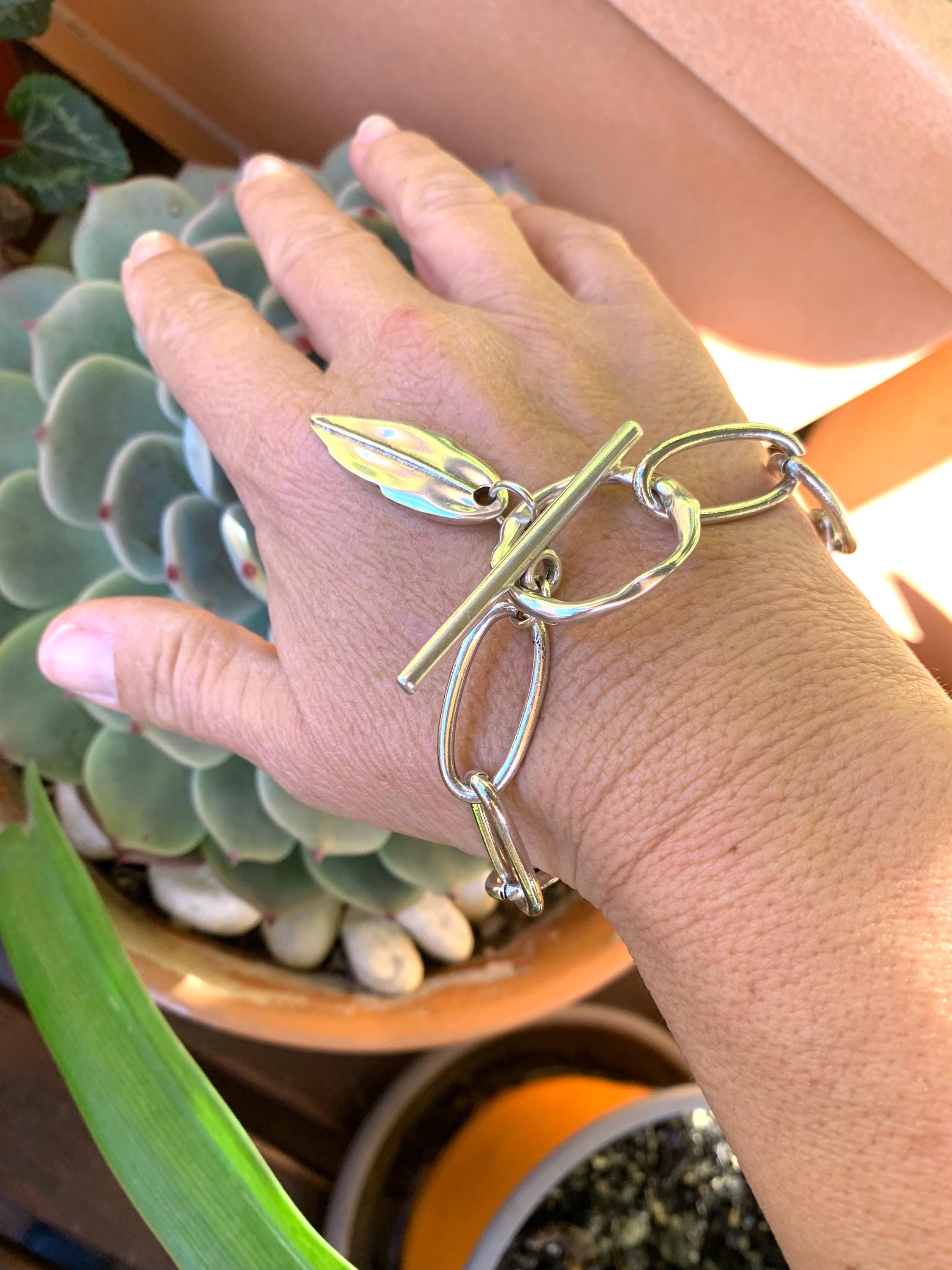 Big link silver toggle bracelet with leaf pendant bracelet, pendant chunky bracelet, , customized bracelet, valentines gift