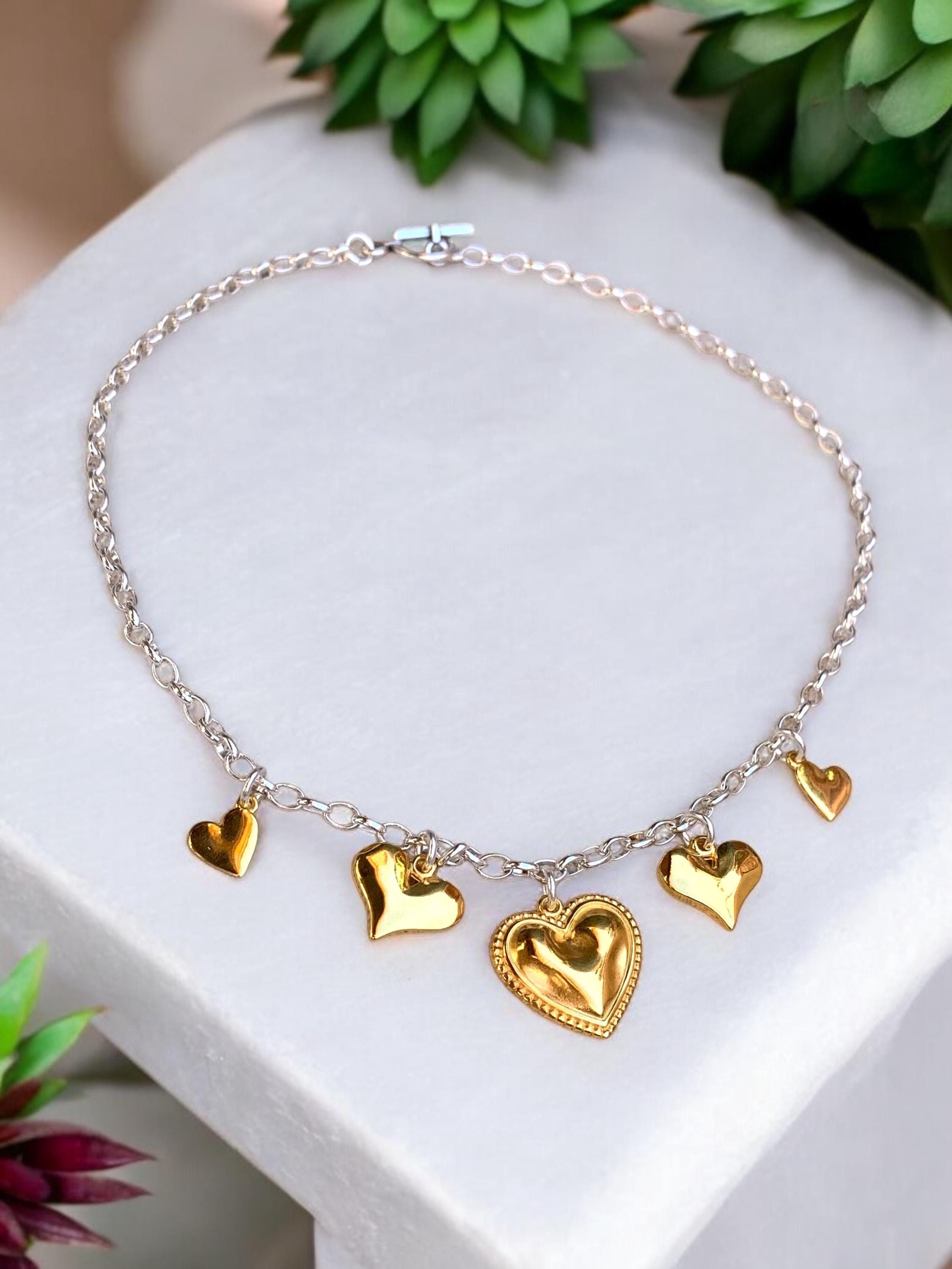Set of necklaces with heart pendant charms, gold and silver necklaces, bohemian necklace, layering necklace set, valentines gift for women