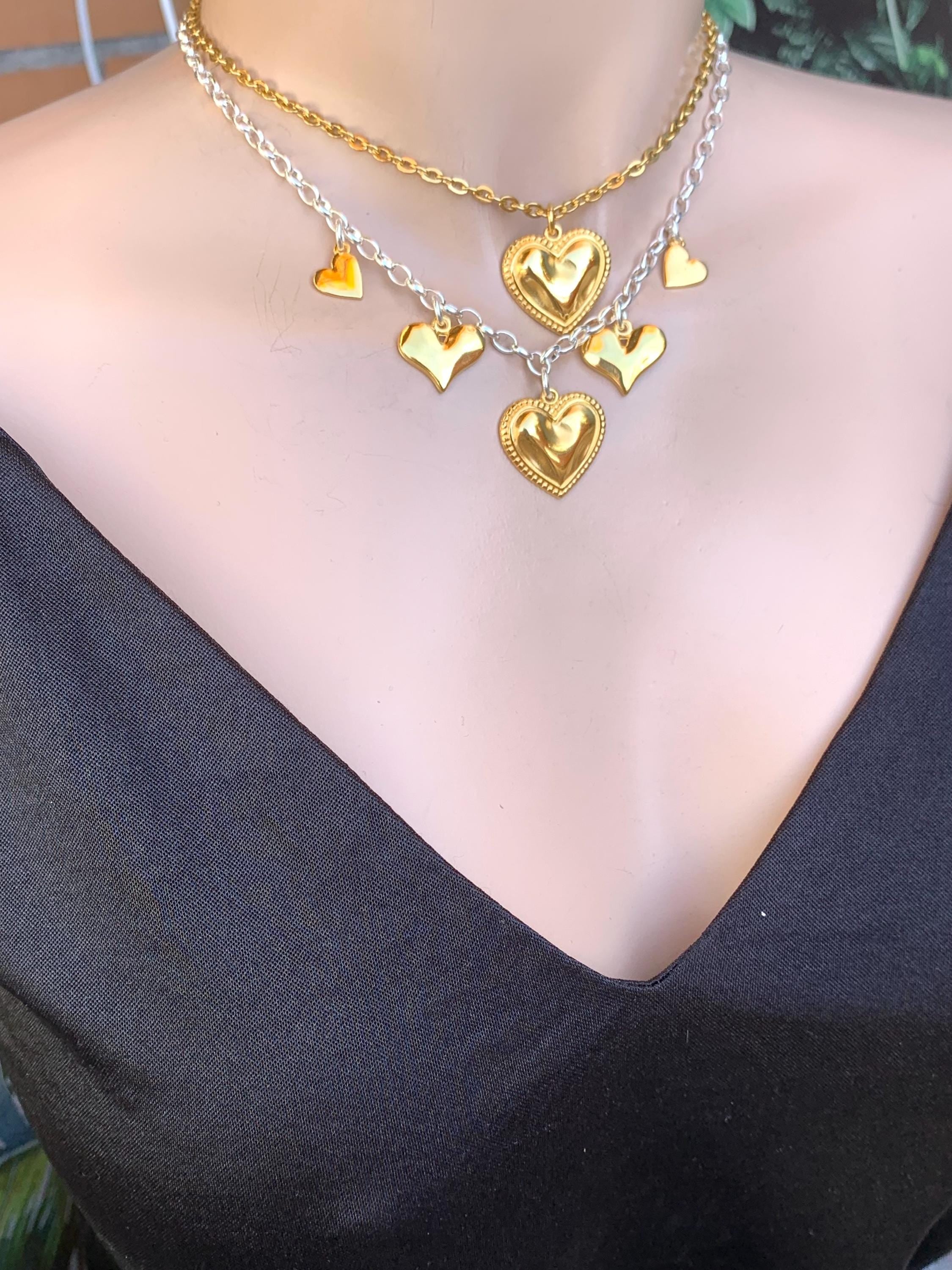 Set of necklaces with heart pendant charms, gold and silver necklaces, bohemian necklace, layering necklace set, valentines gift for women