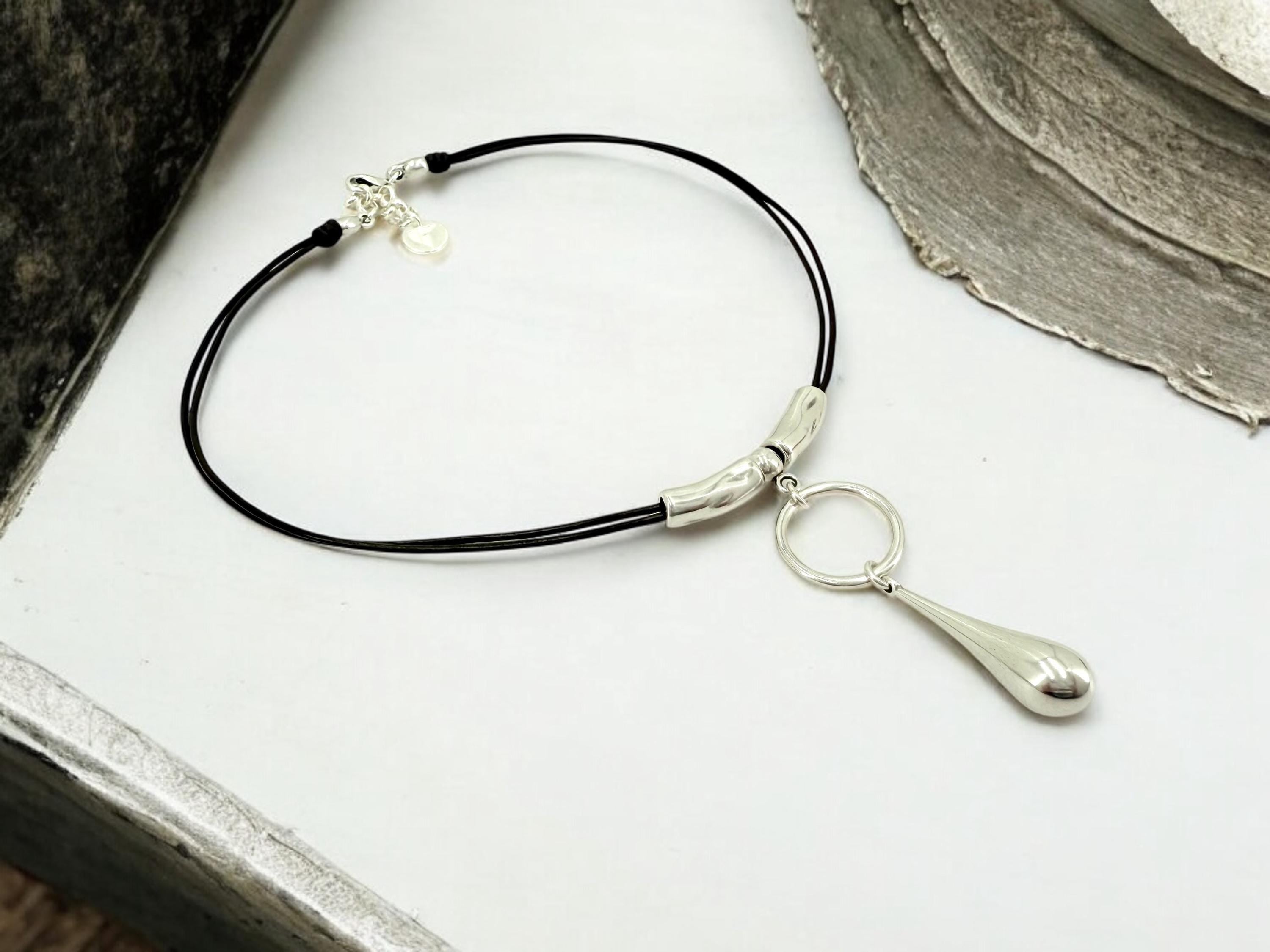 Dropped silver pendant leather necklace, silver necklace, drop tear necklace, chunky pendant necklace, , Ibiza necklace,